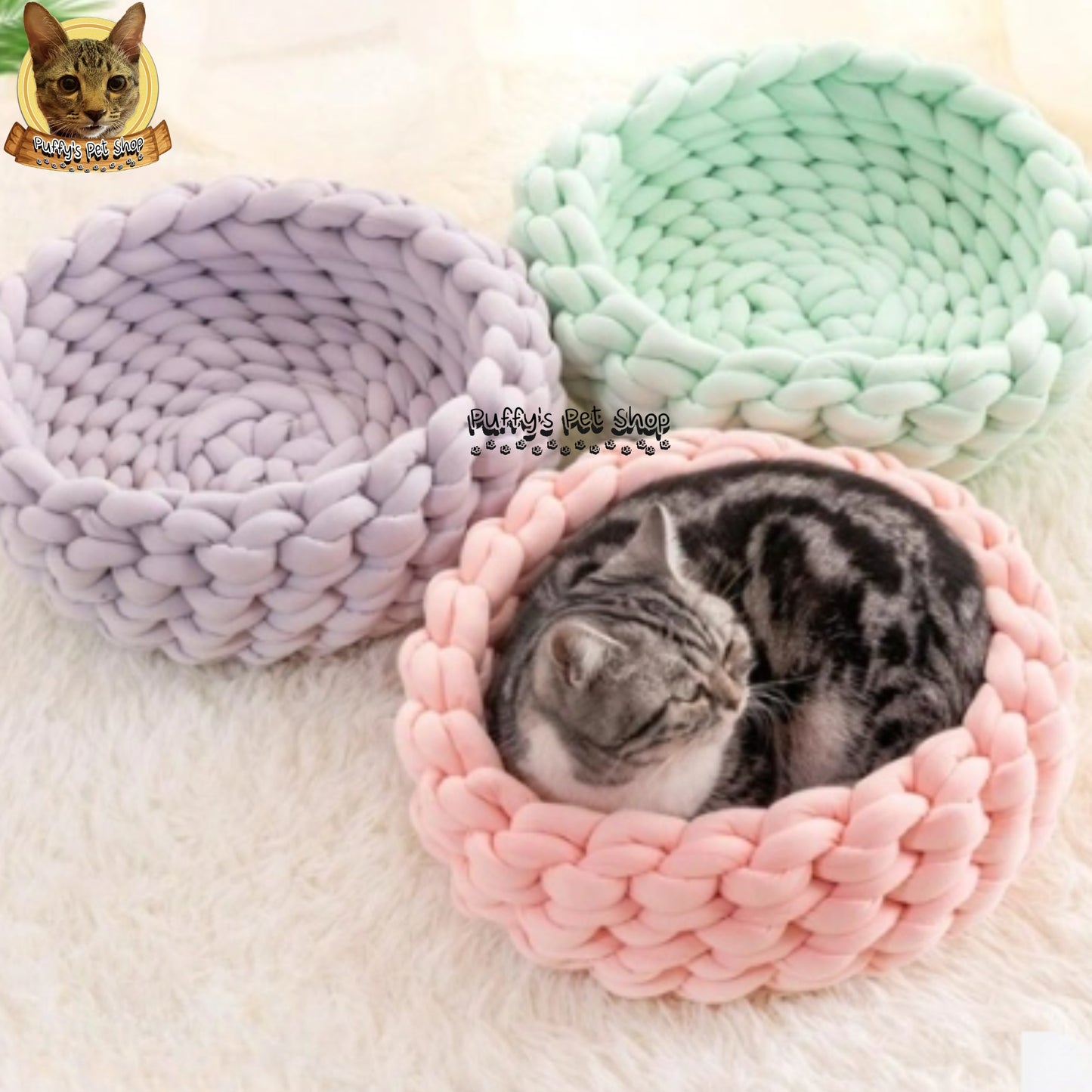 Puffy's Pet Shop | Knitted Cotton Basket Bed for Cats & Dogs ที่นอนสัตว์เลี้ยง น้องหมาและน้องแมว ทรงตะกร้า ผลิตจากผ้าฝ้ายถัก ขนาด 35 / 40 / 45 ซม.