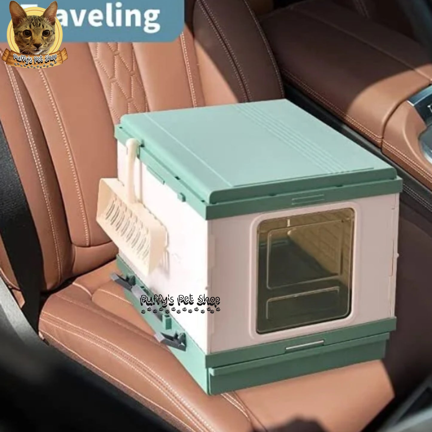 Puffy's Pet Shop | Foldable Cat Litter Box with Scoop set ห้องน้ำแมวแบบพับเก็บได้ พร้อมไม้ตักทรายในชุด ขนาดกาง 46.3 x 53.5 x 41.5 ซม