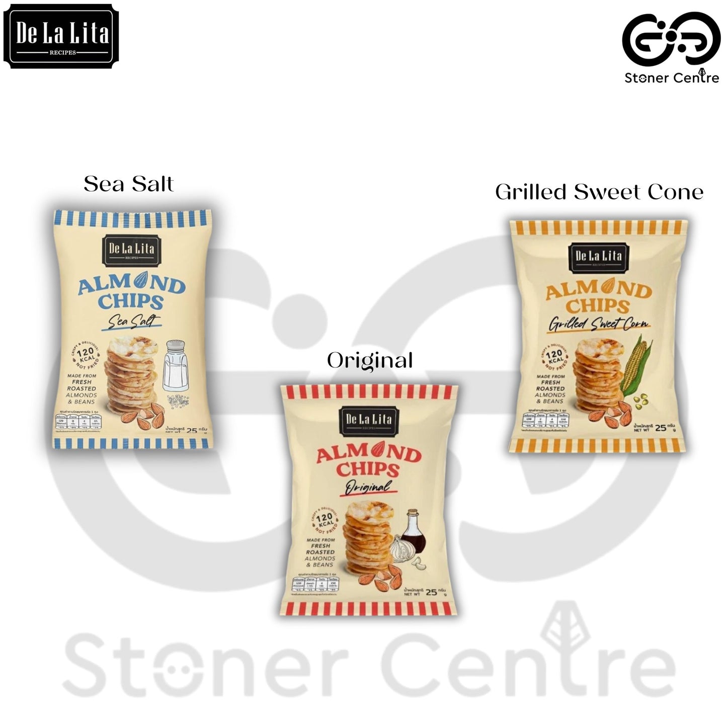 ALmond Chips "Sea Salt" 25g. | ขนมอัลมอนด์และข้าวอัดแผ่น รสเกลือทะเล De La Lita ขนาด 25 กรัม
