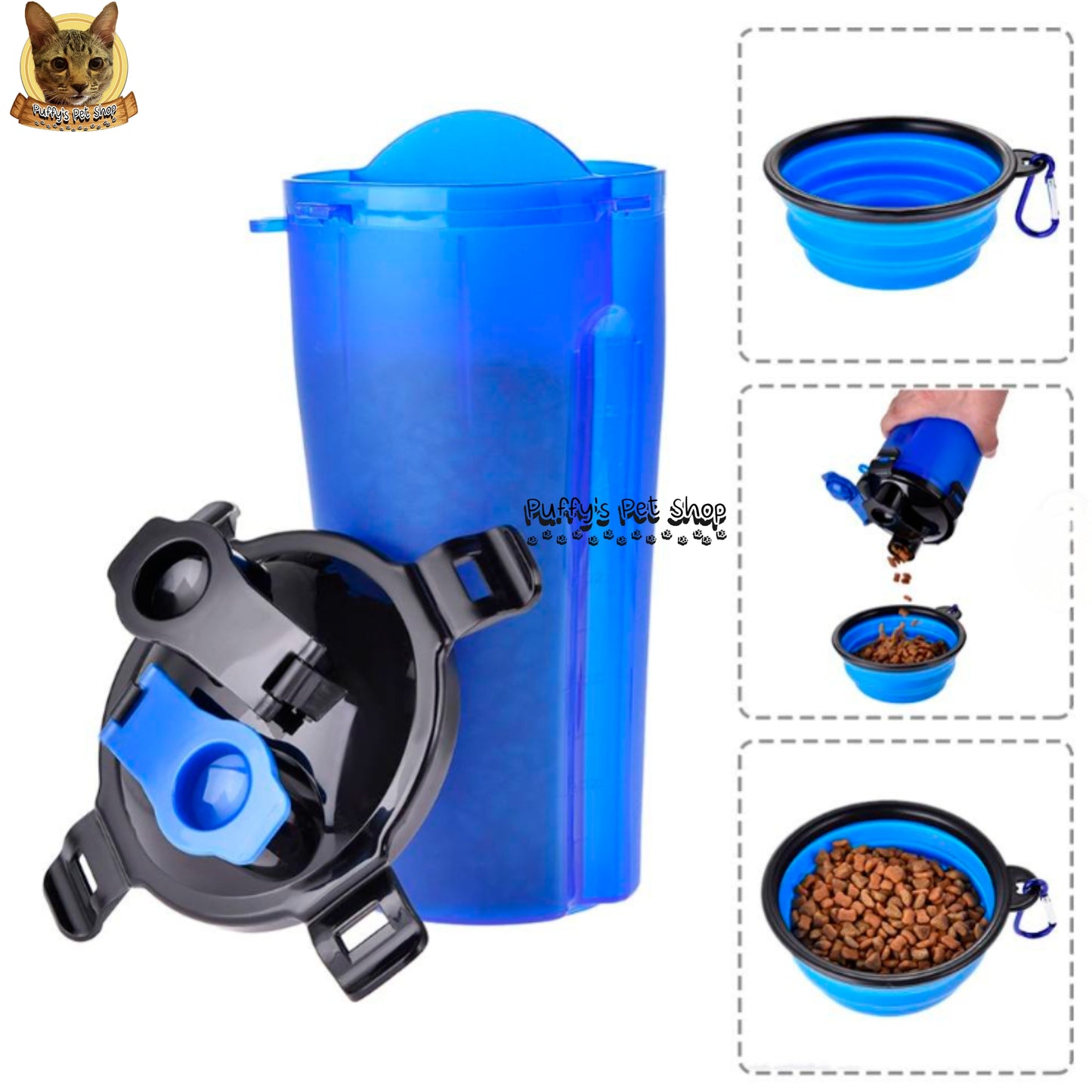 Puffy's Pet Shop | 2-in-1 Travel Bottle & Bowl for Pets เซ็ตขวดน้ำและอาหารสำหรับสัตว์เลี้ยง 2-in-1 พร้อมชามซิลิโคนพับได้ ความจุรวม 600 ml แบ่งเป็นช่องใส่น้ำ 350 ml และช่องใส่อาหาร 250 g