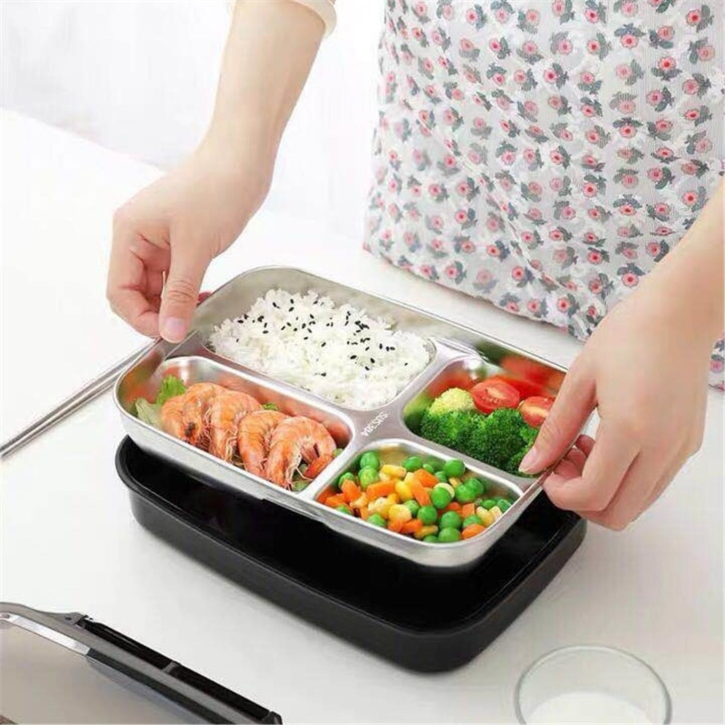 BENTO LUNCH BOX 4 SLOT SIZE 19x26x6 cm | กล่องอาหารกลางวัน กล่องข้าว  SUS304 อุ่นอาหารได้โดยน้ำอุ่น