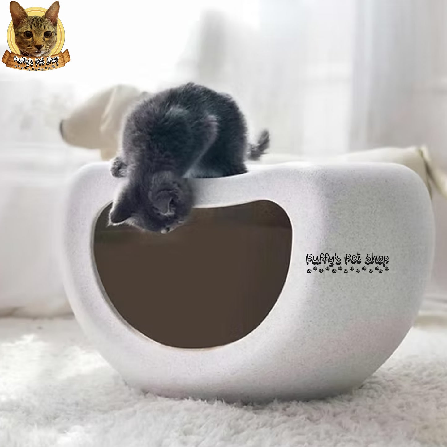 Puffy's Pet Shop | Smiley Cat House with Chair & Storage บ้านแมวหน้ายิ้มพร้อมเก้าอี้และที่วางของ ขนาด: 48 x 42 x 29 ซม.