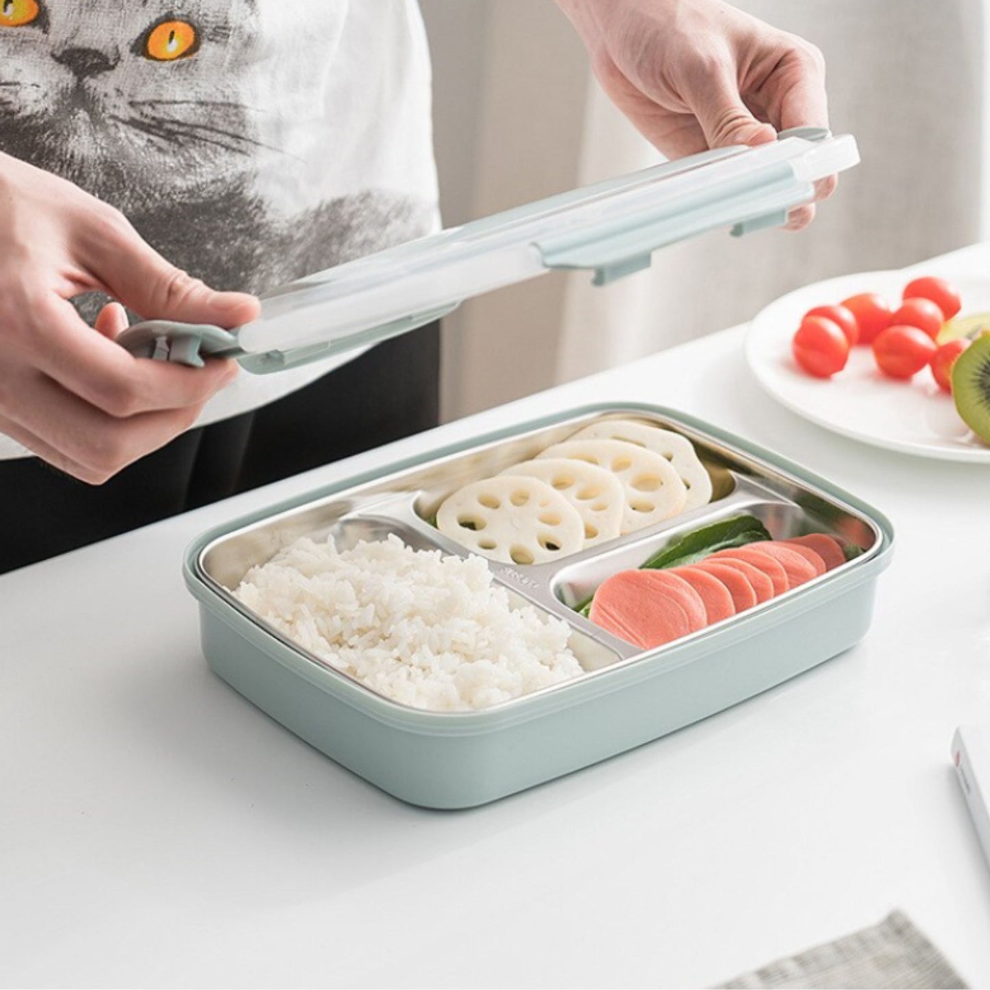 BENTO LUNCH BOX 3 SLOT SIZE 19x26x6 cm | กล่องอาหารกลางวัน กล่องข้าว SUS304 อุ่นอาหารได้โดยน้ำอุ่น