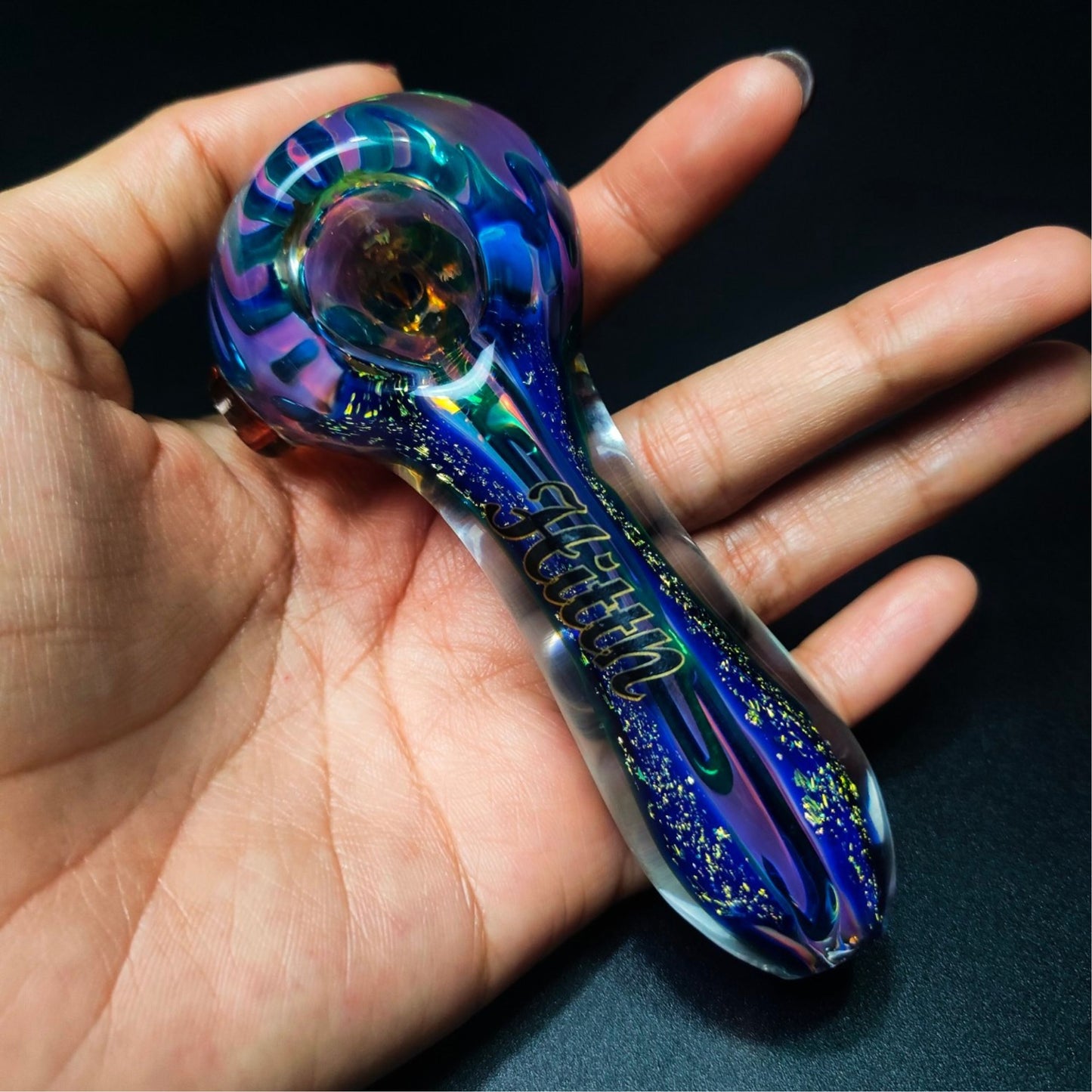 PIPE | HITTN BLUE ALIEN DICHROIC GLASS SPOON PIPE 4 INCH