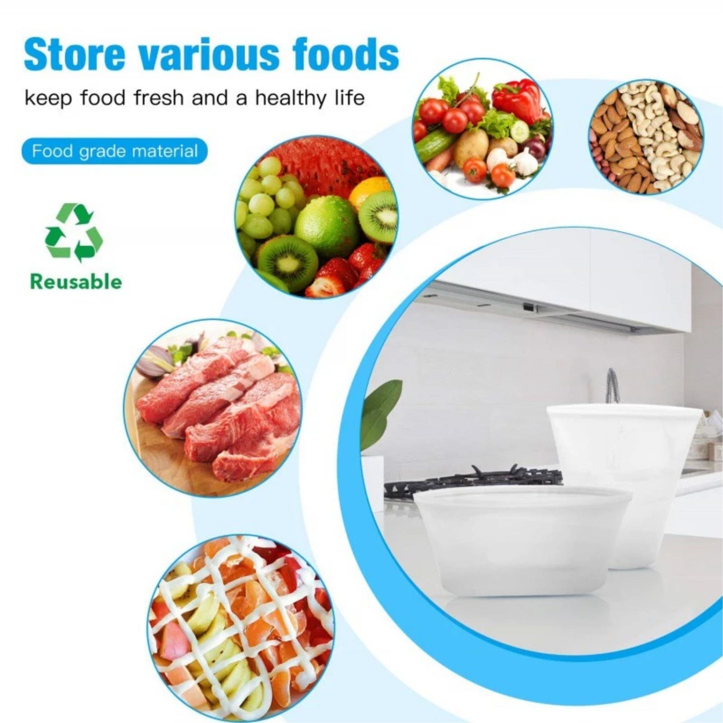 REUSABLE SILICONE FOOD STORAGE BAGS 8 BAGS PER SET