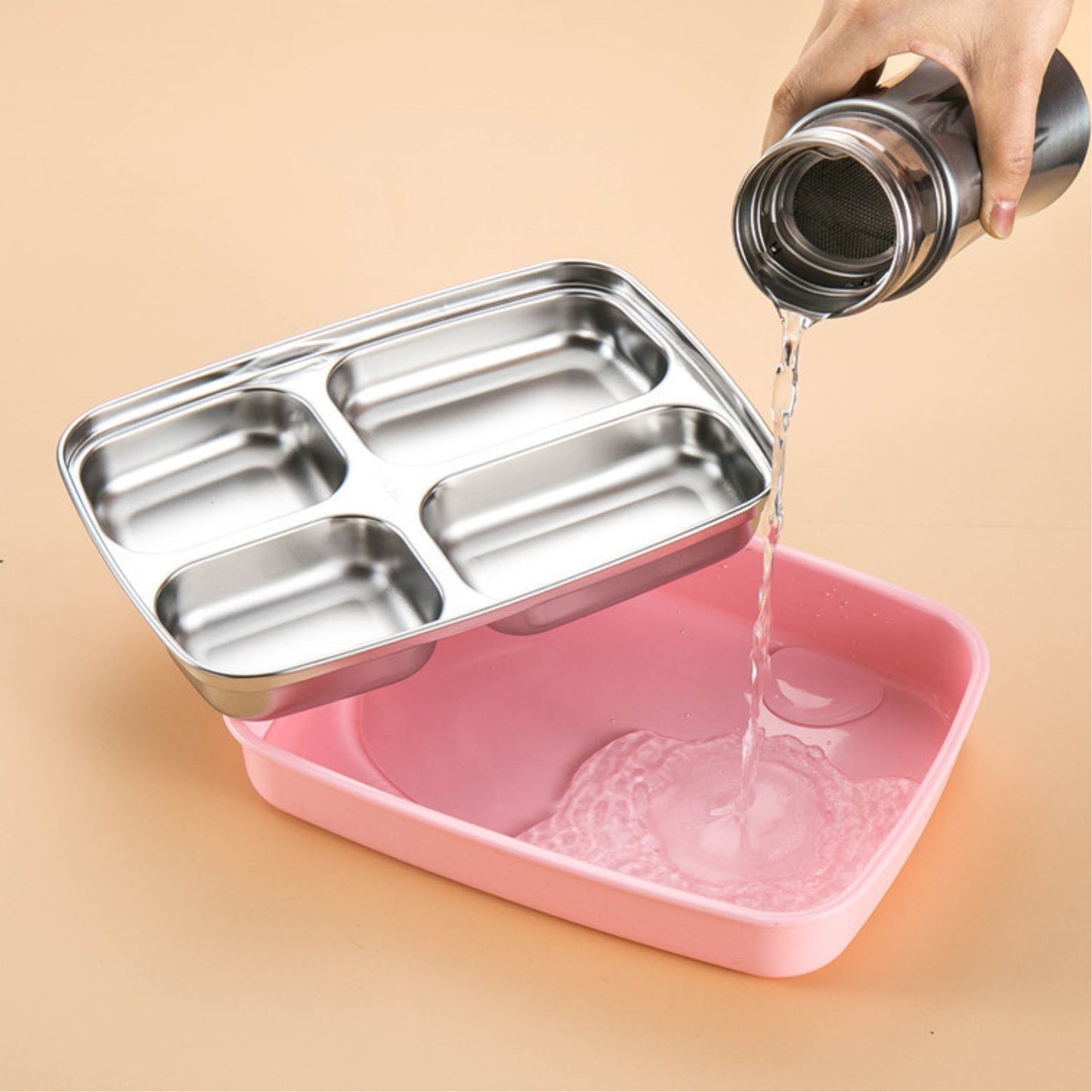 BENTO LUNCH BOX 4 SLOT SIZE 19x26x6 cm | กล่องอาหารกลางวัน กล่องข้าว  SUS304 อุ่นอาหารได้โดยน้ำอุ่น