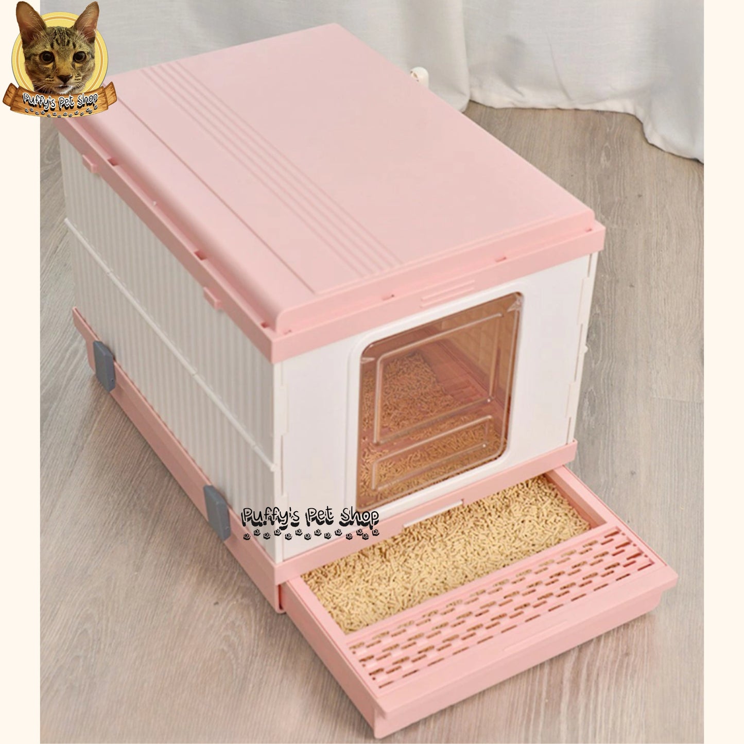 Puffy's Pet Shop | Foldable Cat Litter Box with Scoop set ห้องน้ำแมวแบบพับเก็บได้ พร้อมไม้ตักทรายในชุด ขนาดกาง 46.3 x 53.5 x 41.5 ซม