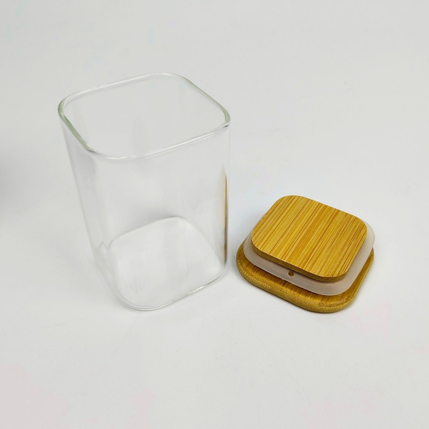 GLASS JAR | SQUARE GLASS JAR WITH WOODEN LID SIZE: 60 x 90MM - 200ML
