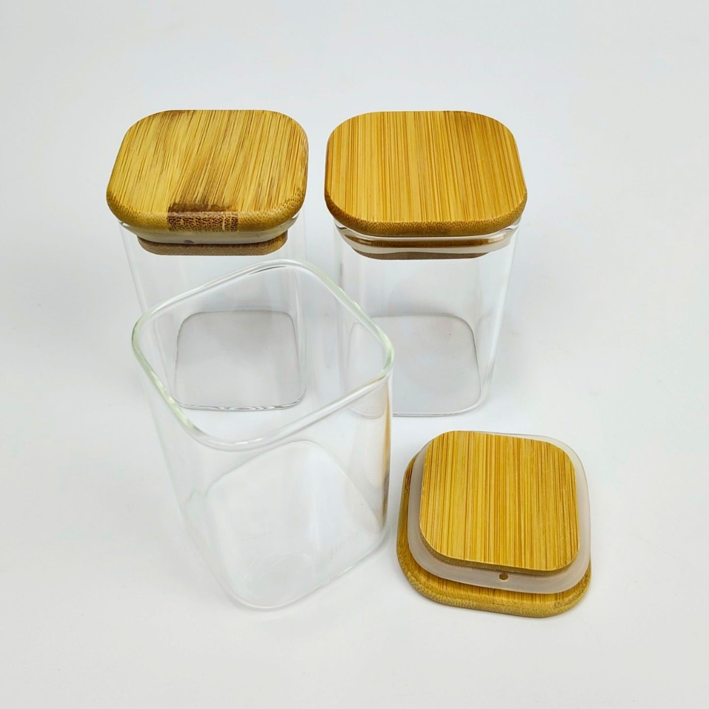 GLASS JAR | SQUARE GLASS JAR WITH WOODEN LID SIZE: 60 x 90MM - 200ML