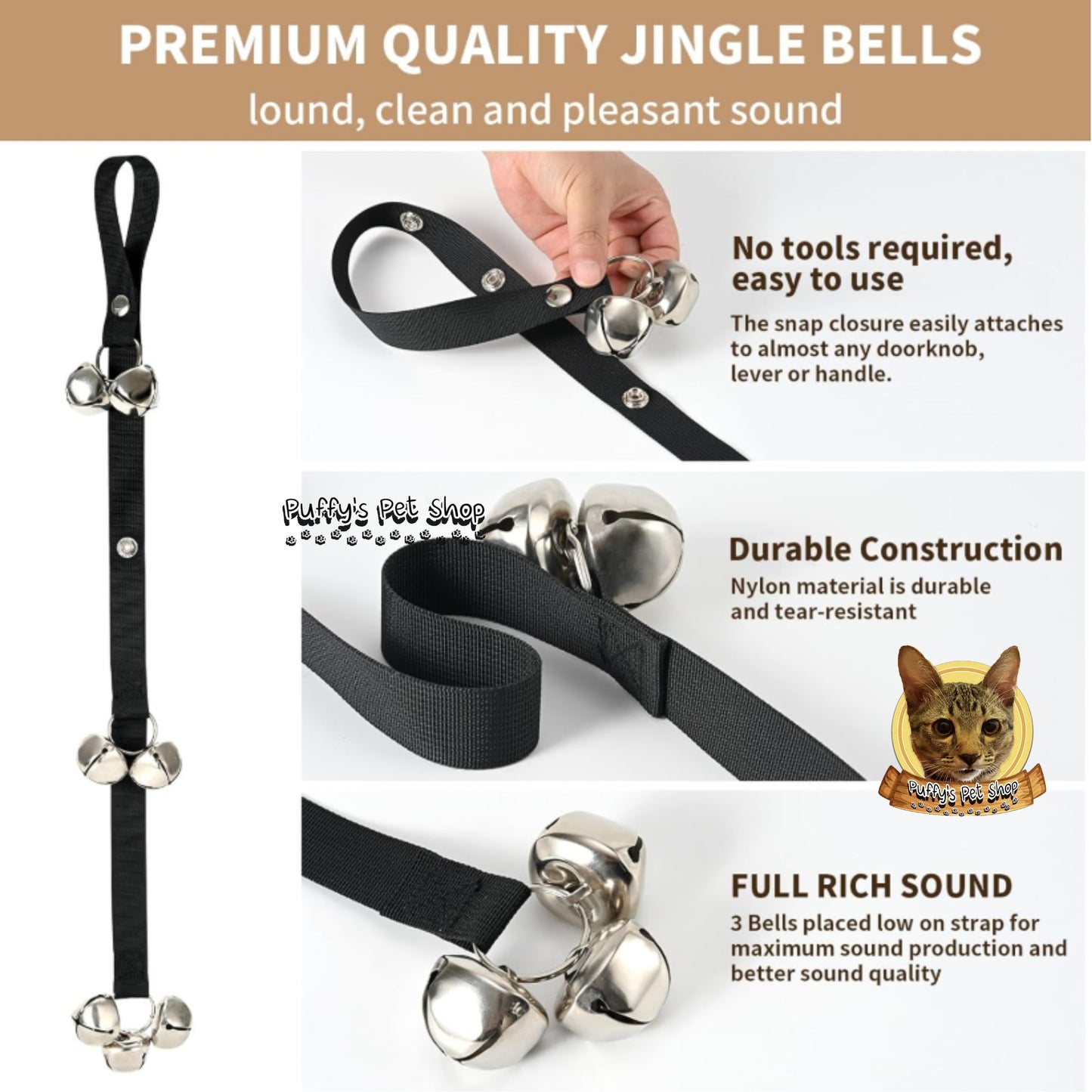 Puffy's Pet Shop |  Dog's Door Bell สายกระดิ่งสำหรับแขวนประตู อุปกรณ์ฝึกสุนัข ยาว 90 ซม