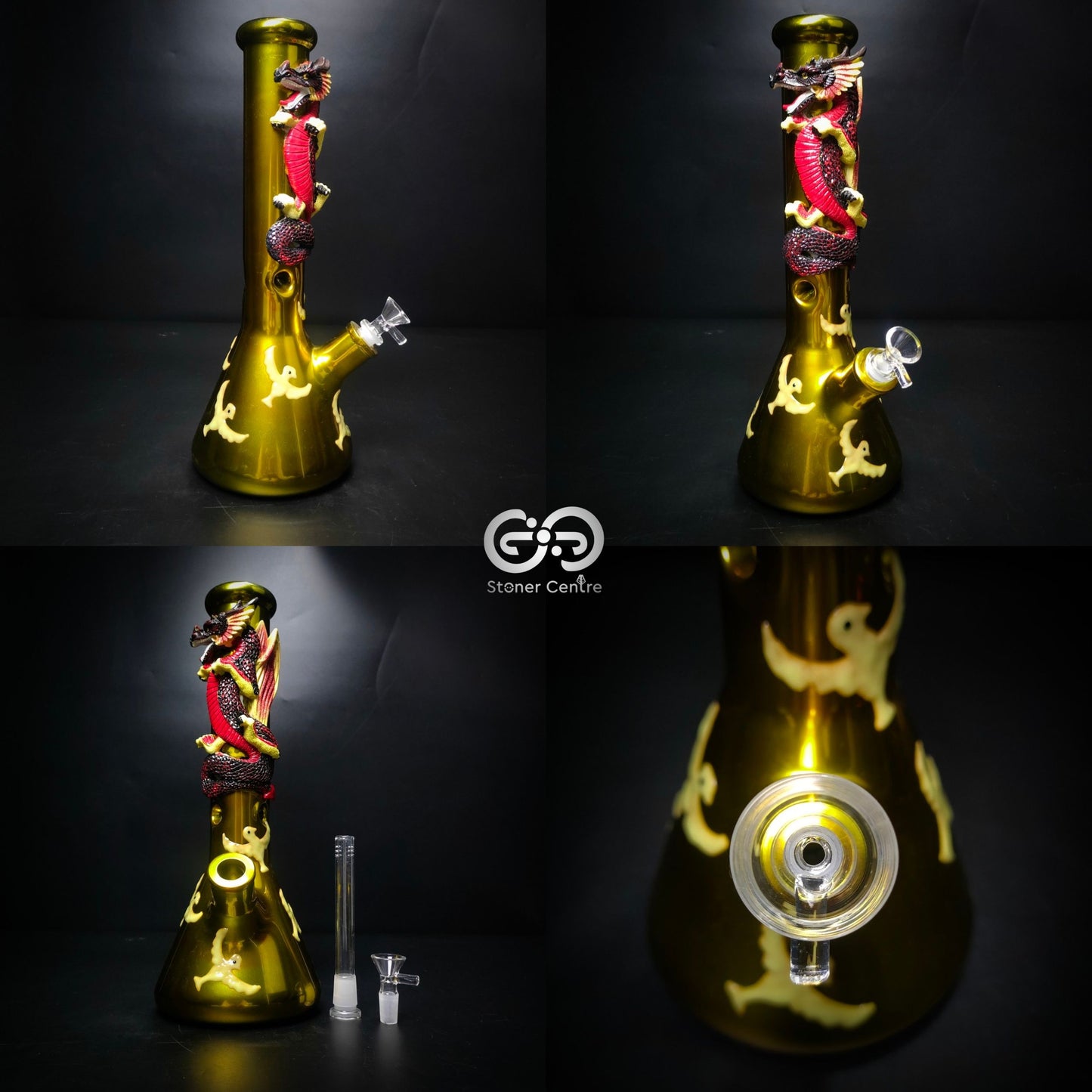 Glass Bong | GOLD DRAGON BEAKER GLOW IN THE DARK 13.5 INCH