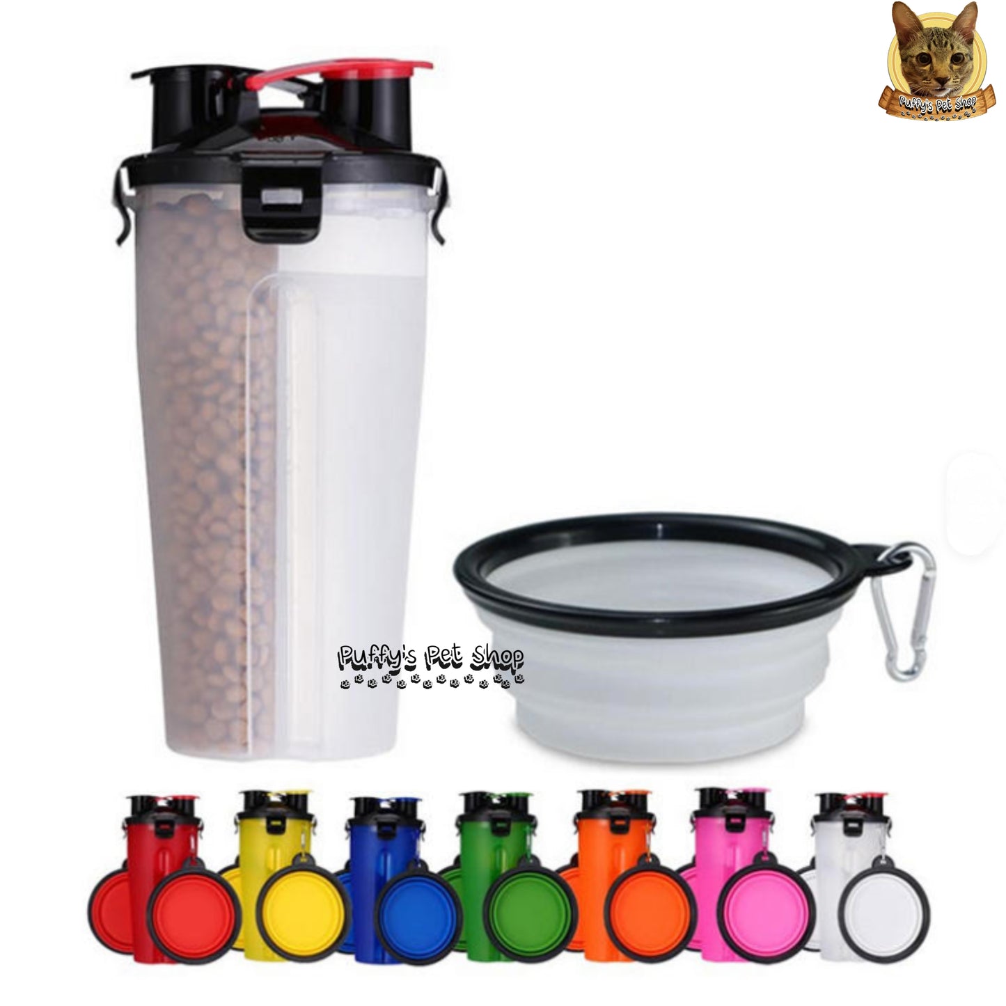 Puffy's Pet Shop | 2-in-1 Travel Bottle & Bowl for Pets เซ็ตขวดน้ำและอาหารสำหรับสัตว์เลี้ยง 2-in-1 พร้อมชามซิลิโคนพับได้ ความจุรวม 600 ml แบ่งเป็นช่องใส่น้ำ 350 ml และช่องใส่อาหาร 250 g