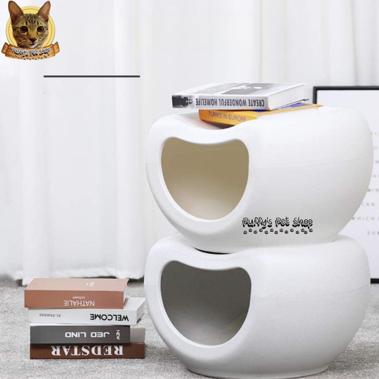 Puffy's Pet Shop | Smiley Cat House with Chair & Storage บ้านแมวหน้ายิ้มพร้อมเก้าอี้และที่วางของ ขนาด: 48 x 42 x 29 ซม.