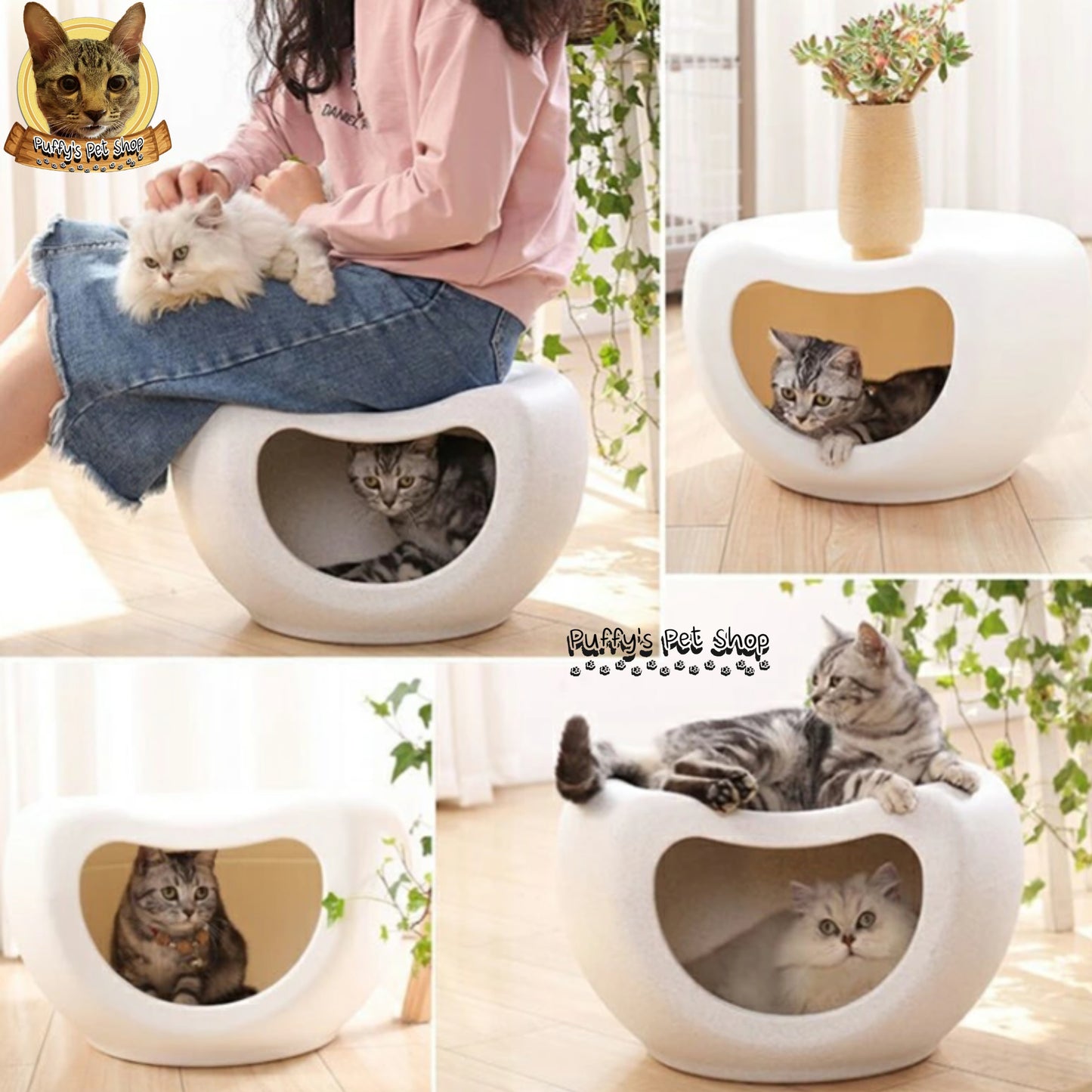 Puffy's Pet Shop | Smiley Cat House with Chair & Storage บ้านแมวหน้ายิ้มพร้อมเก้าอี้และที่วางของ ขนาด: 48 x 42 x 29 ซม.