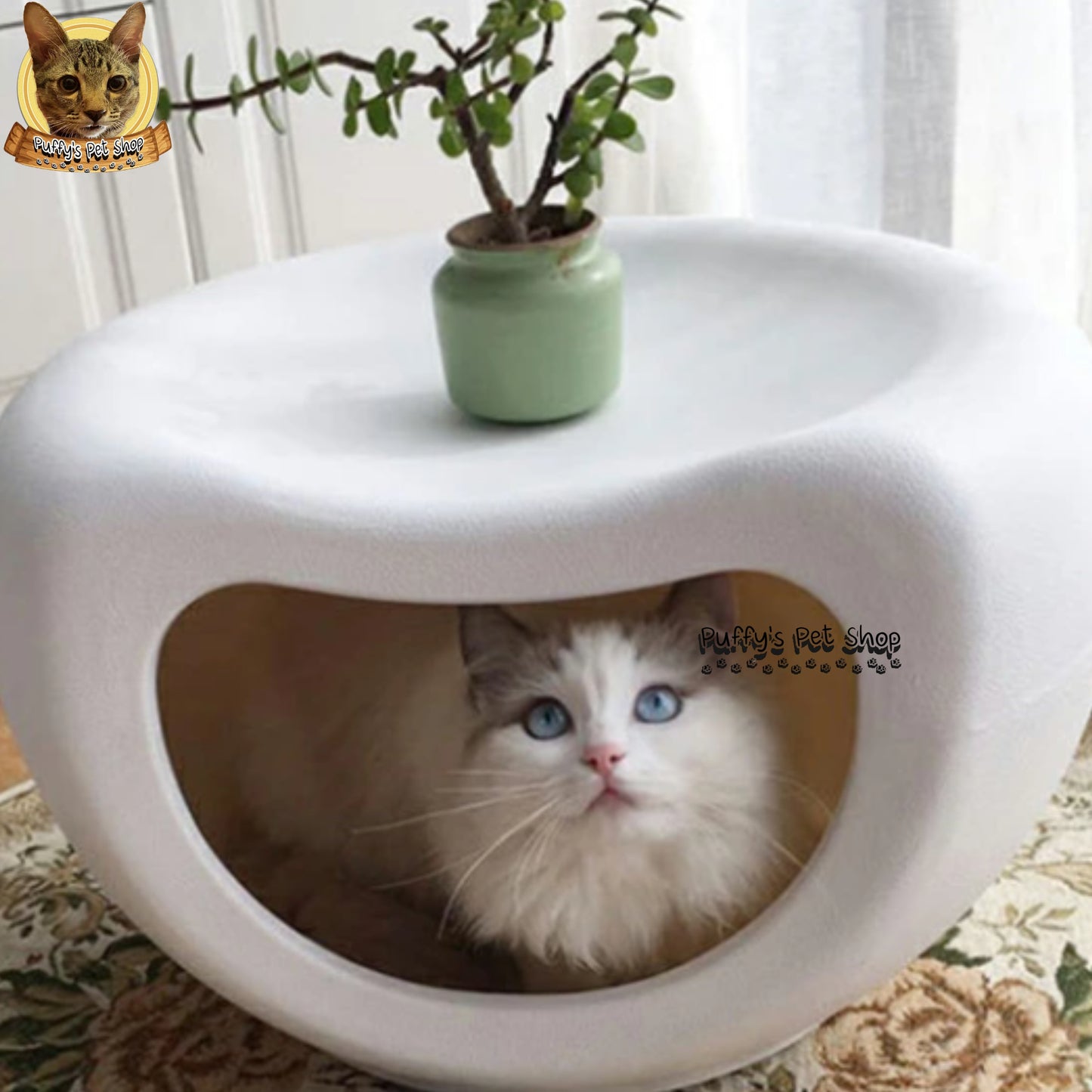 Puffy's Pet Shop | Smiley Cat House with Chair & Storage บ้านแมวหน้ายิ้มพร้อมเก้าอี้และที่วางของ ขนาด: 48 x 42 x 29 ซม.