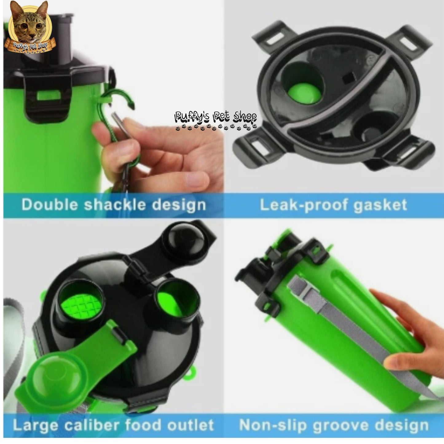 Puffy's Pet Shop | 2-in-1 Travel Bottle & Bowl for Pets เซ็ตขวดน้ำและอาหารสำหรับสัตว์เลี้ยง 2-in-1 พร้อมชามซิลิโคนพับได้ ความจุรวม 600 ml แบ่งเป็นช่องใส่น้ำ 350 ml และช่องใส่อาหาร 250 g