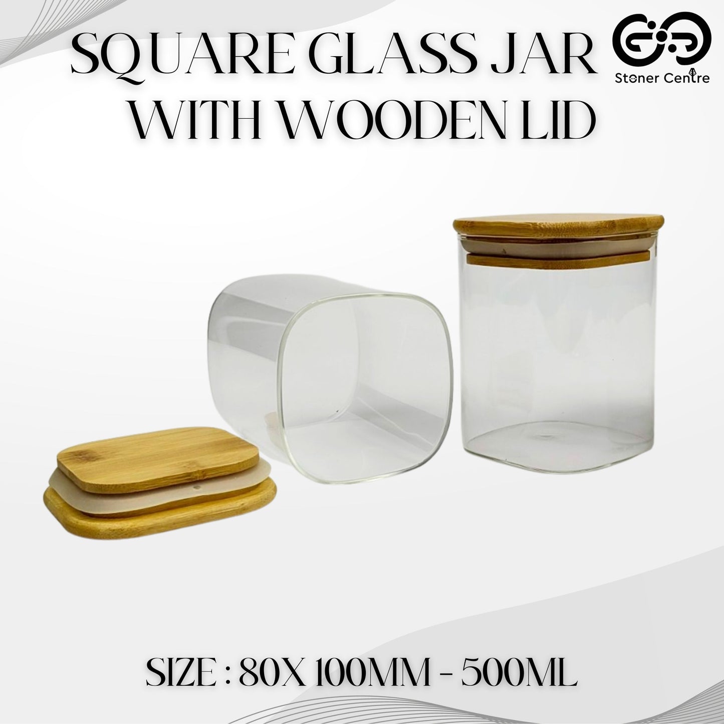GLASS JAR | SQUARE GLASS JAR WITH WOODEN LID SIZE: 80 x 100MM - 500ML