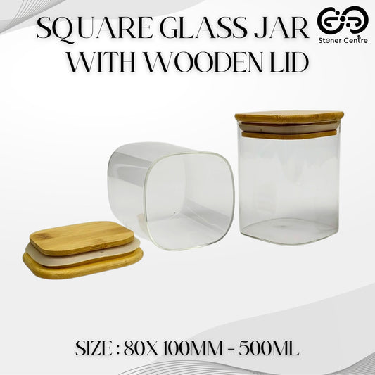 GLASS JAR | SQUARE GLASS JAR WITH WOODEN LID SIZE: 80 x 100MM - 500ML