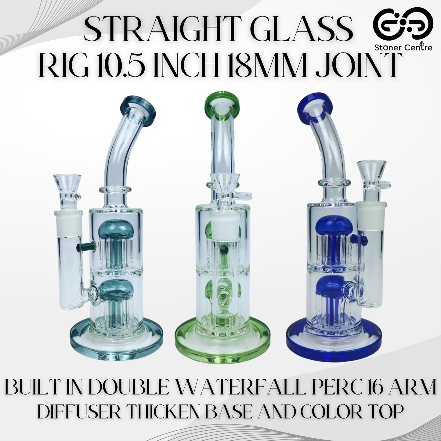 GLASS BONG | STRAIGHT GLASS RIG 10.5 INCH 18MM JOINT BUILT IN DOUBLE WATERFALL PERC - 16 ARM DIFFUSER THICKEN BASE AND COLOR TOP