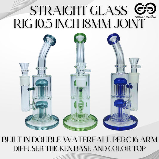 GLASS BONG | STRAIGHT GLASS RIG 10.5 INCH 18MM JOINT BUILT IN DOUBLE WATERFALL PERC - 16 ARM DIFFUSER THICKEN BASE AND COLOR TOP