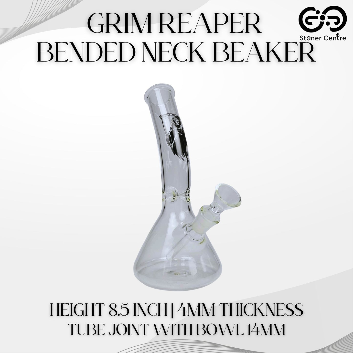 GLASS BONG | GRIM REAPER BENDED NECK BEAKER GLASS BONG 8.5 INCH 4MM THICKNESS