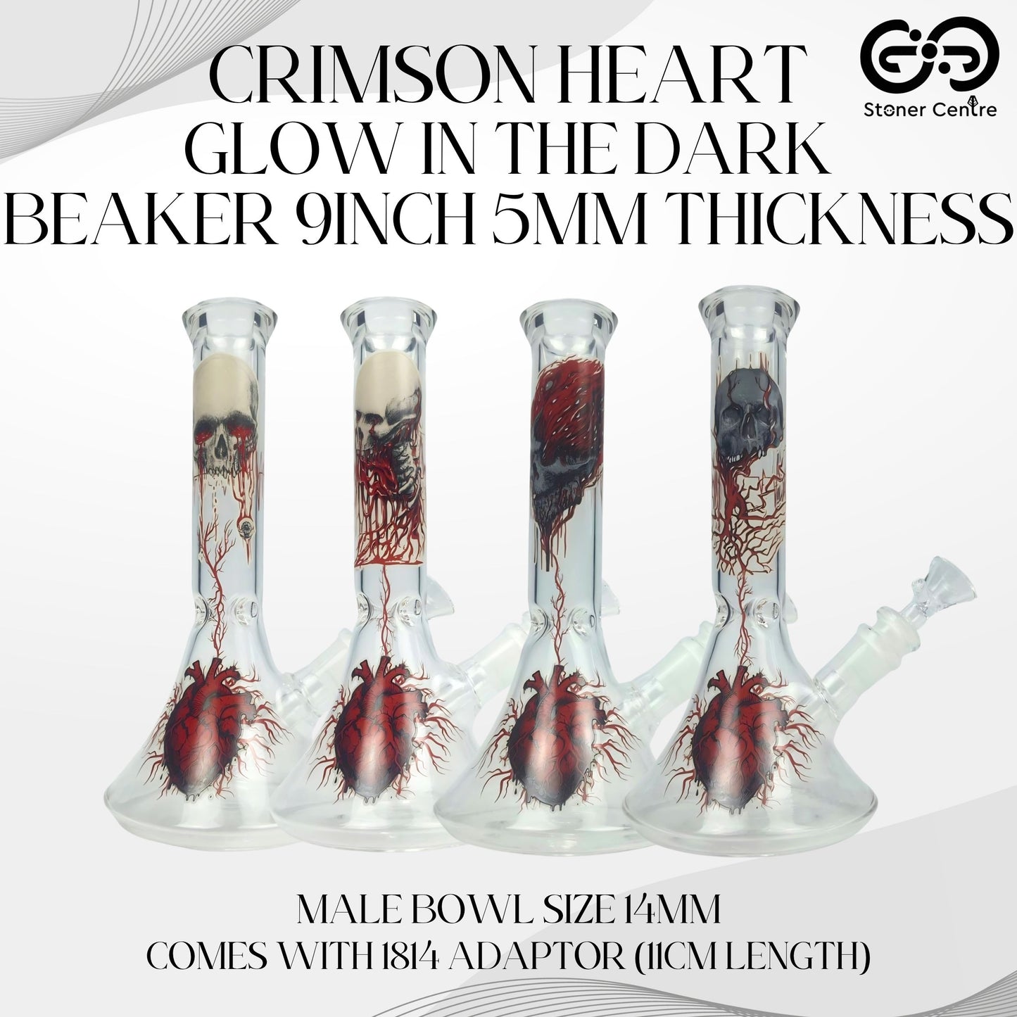 GLASS BONG | CRIMSON HEART GLOW IN THE DARK BEAKER 9INCH 5MM THICKNESS