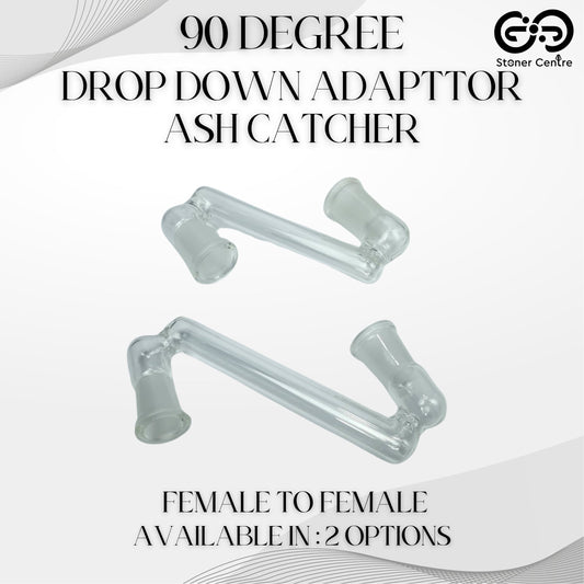 GLASS TUBE | 90 DEGREE DROP DOWN ADAPTTOR ASH CATCHER - 14MM FEMALE TO 14MM FEMALE / 18MM FEMALE TO 18MM FEMALE