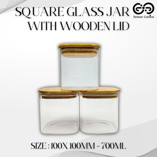 GLASS JAR | SQUARE GLASS JAR WITH WOODEN LID SIZE: 100 x 100MM - 700ML