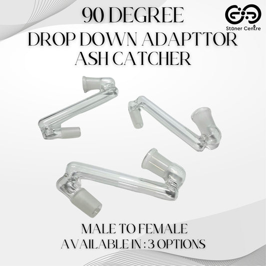 GLASS TUBE | 90 DEGREE DROP DOWN ADAPTTOR ASH CATCHER - 14MM MALE TO 14MM FEMALE /  14MM MALE TO 18MM FEMAL /  18MM MALE TO 18MM FEMAL
