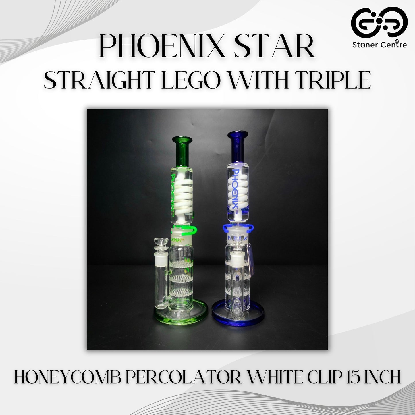 Glass Bong | PHOENIX STAR STRAIGHT LEGO WITH TRIPLE HONEYCOMB PERCOLATOR 15INCH | WHITE CLIP