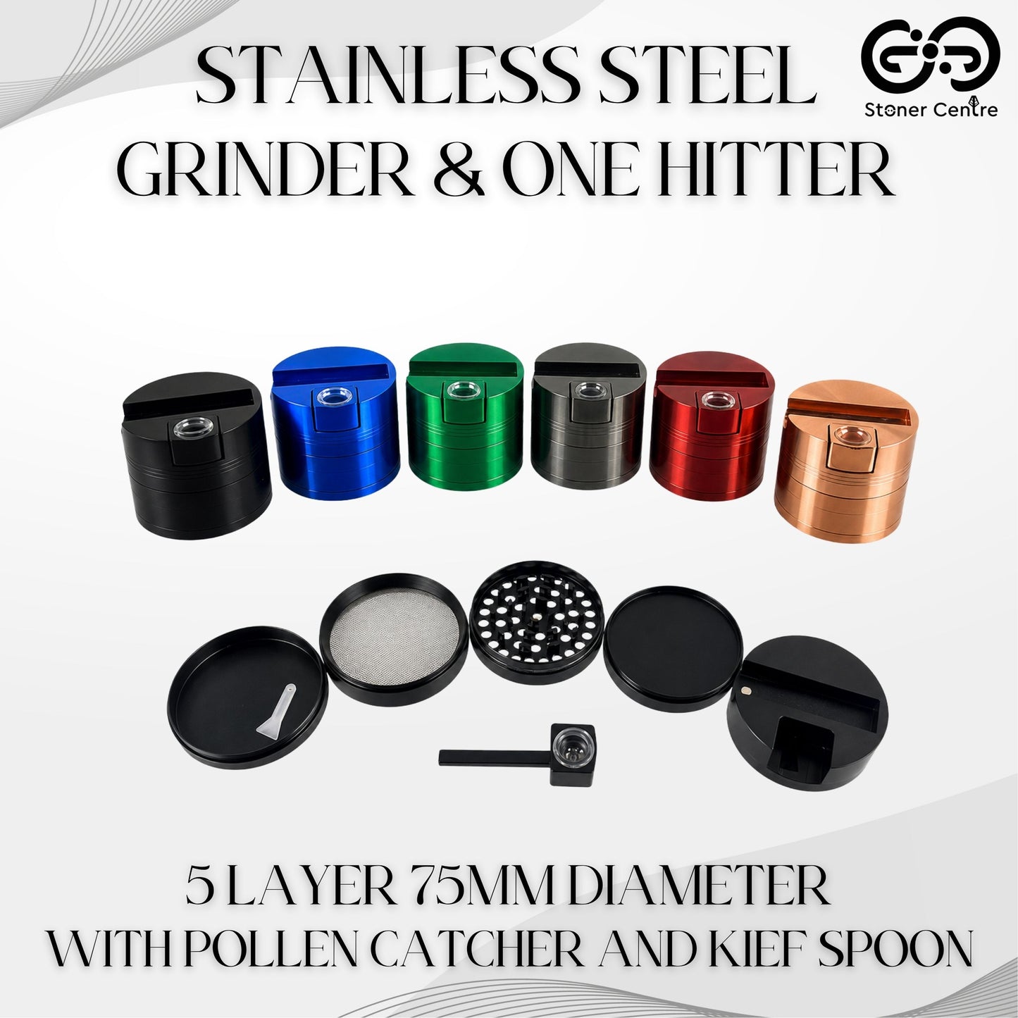 GRINDER | STAINLESS STEEL GRINDER & ONE HITTER 5 LAYER 75 MM DIAMETER WITH POLLEN CATCHER AND KIEF SPOON