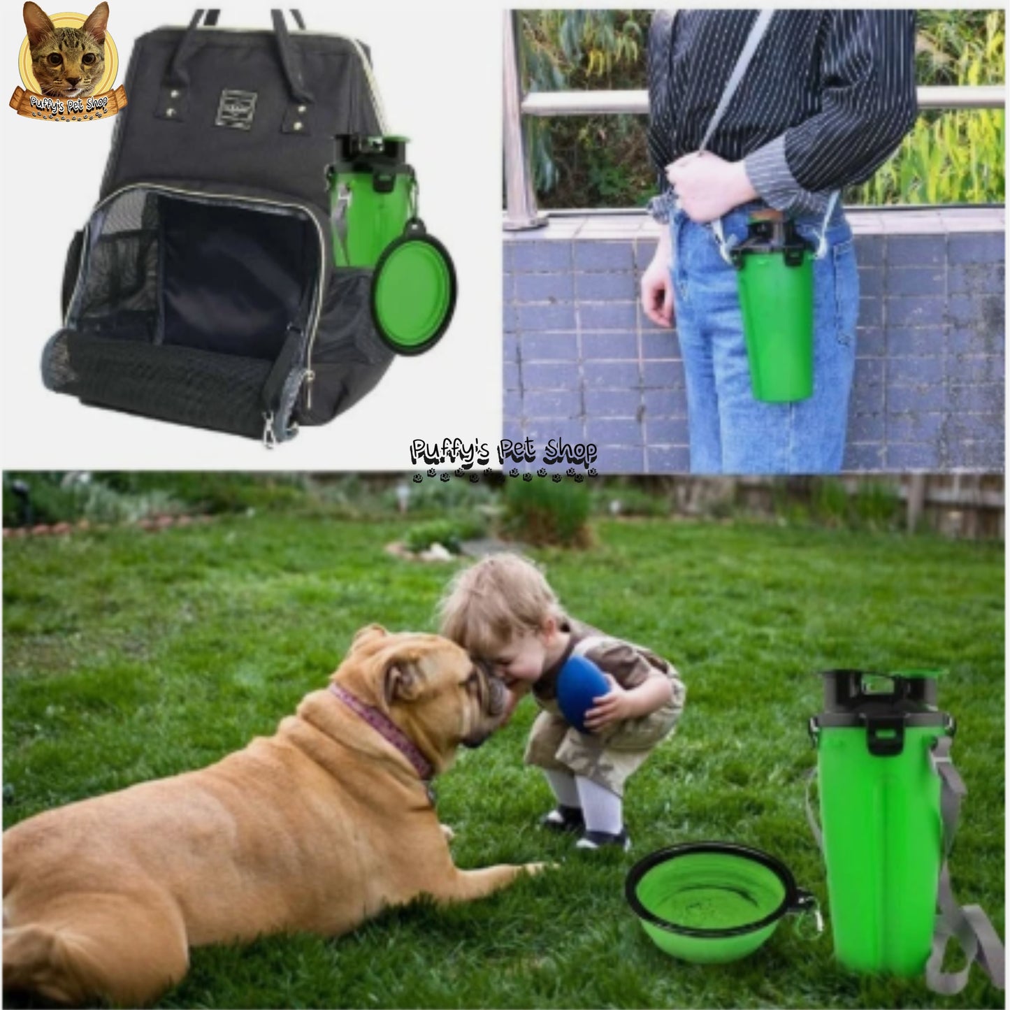 Puffy's Pet Shop | 2-in-1 Travel Bottle & Bowl for Pets เซ็ตขวดน้ำและอาหารสำหรับสัตว์เลี้ยง 2-in-1 พร้อมชามซิลิโคนพับได้ ความจุรวม 600 ml แบ่งเป็นช่องใส่น้ำ 350 ml และช่องใส่อาหาร 250 g