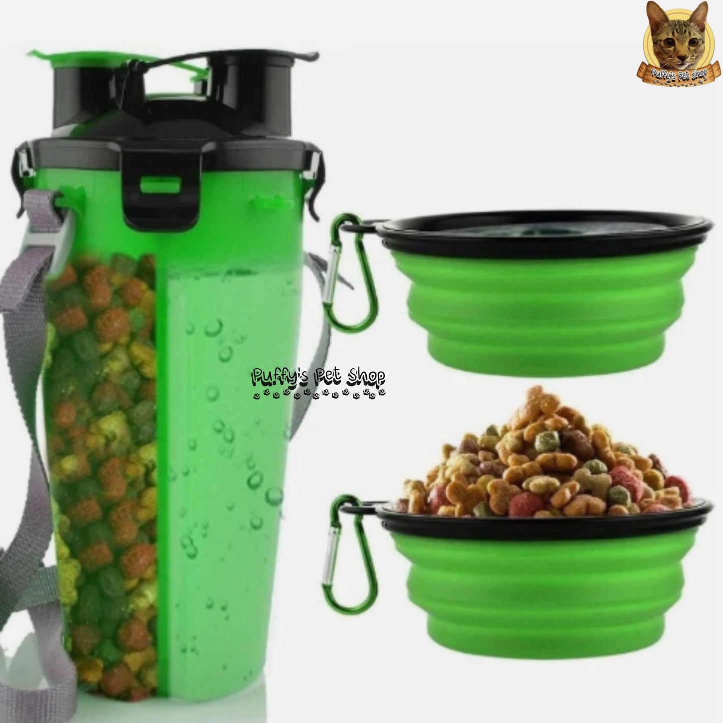 Puffy's Pet Shop | 2-in-1 Travel Bottle & Bowl for Pets เซ็ตขวดน้ำและอาหารสำหรับสัตว์เลี้ยง 2-in-1 พร้อมชามซิลิโคนพับได้ ความจุรวม 600 ml แบ่งเป็นช่องใส่น้ำ 350 ml และช่องใส่อาหาร 250 g