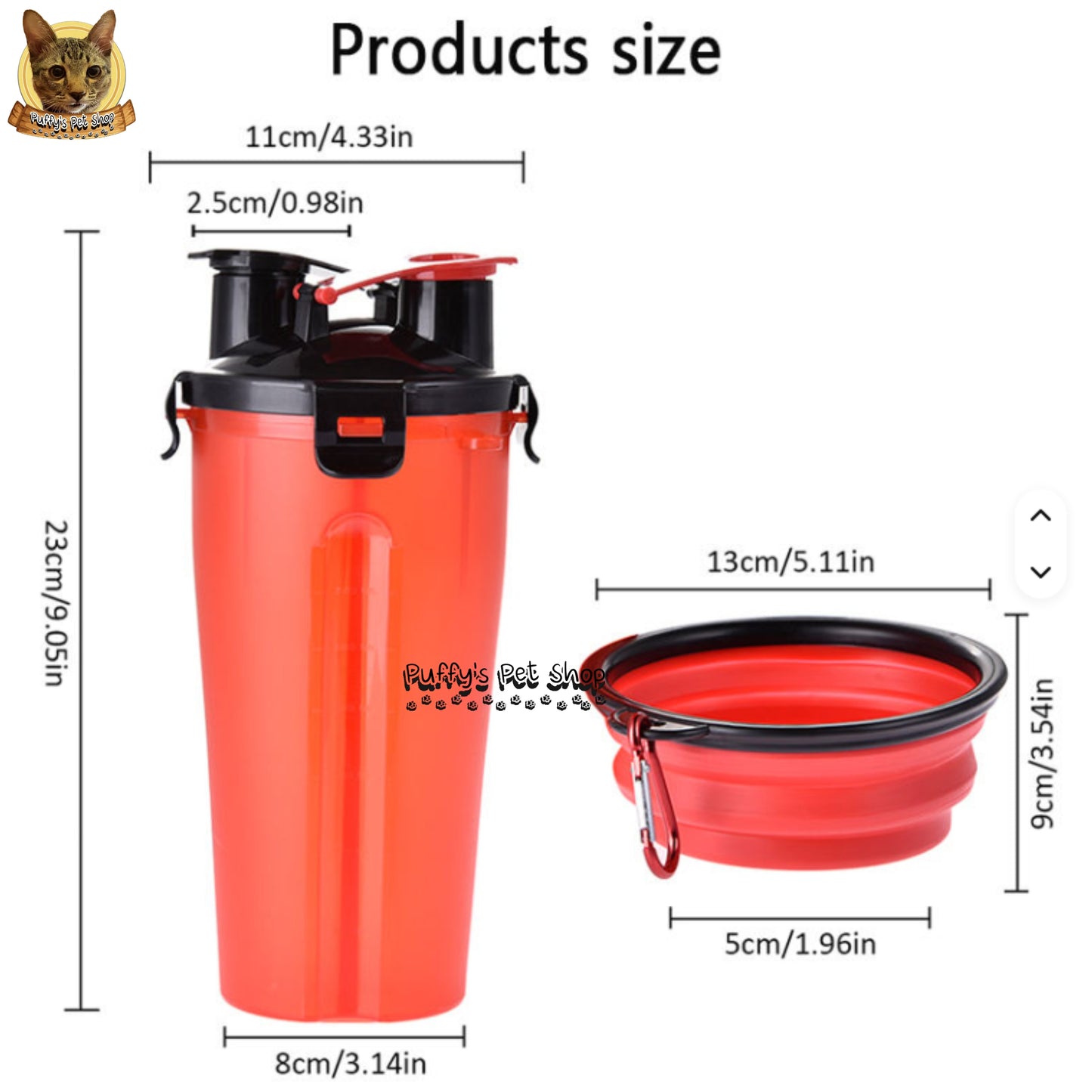 Puffy's Pet Shop | 2-in-1 Travel Bottle & Bowl for Pets เซ็ตขวดน้ำและอาหารสำหรับสัตว์เลี้ยง 2-in-1 พร้อมชามซิลิโคนพับได้ ความจุรวม 600 ml แบ่งเป็นช่องใส่น้ำ 350 ml และช่องใส่อาหาร 250 g