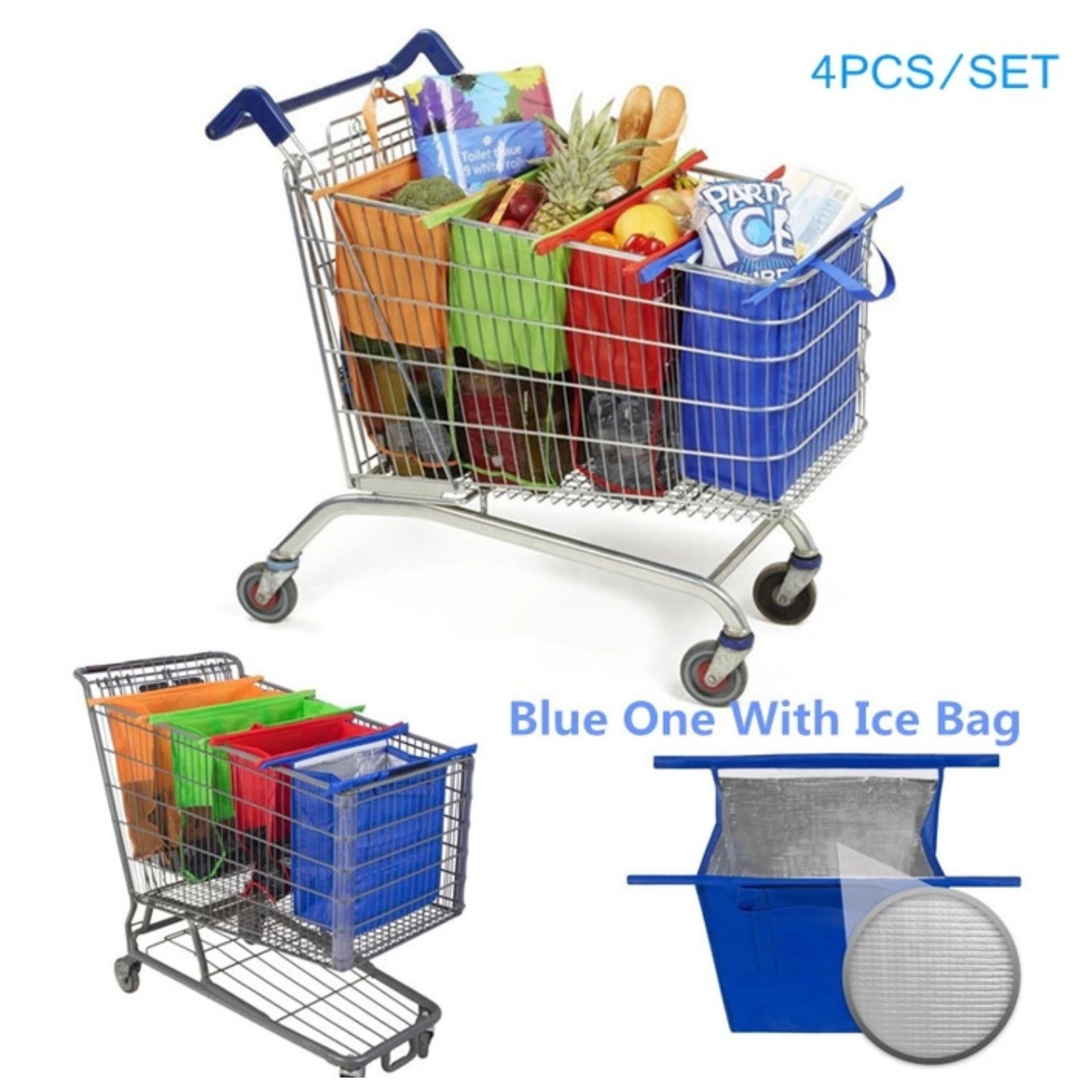 ถุงช้อปปิ้ง 4 ชิ้น/เซ็ต ถุงใส่รถเข็น ซุปเปอร์มาร์เก็ต สามารถนำมาใช้ใหม่ได้ พับได้ กระเป๋าถือ มีออฟชั่นกระเป๋าน้ำแข็ง