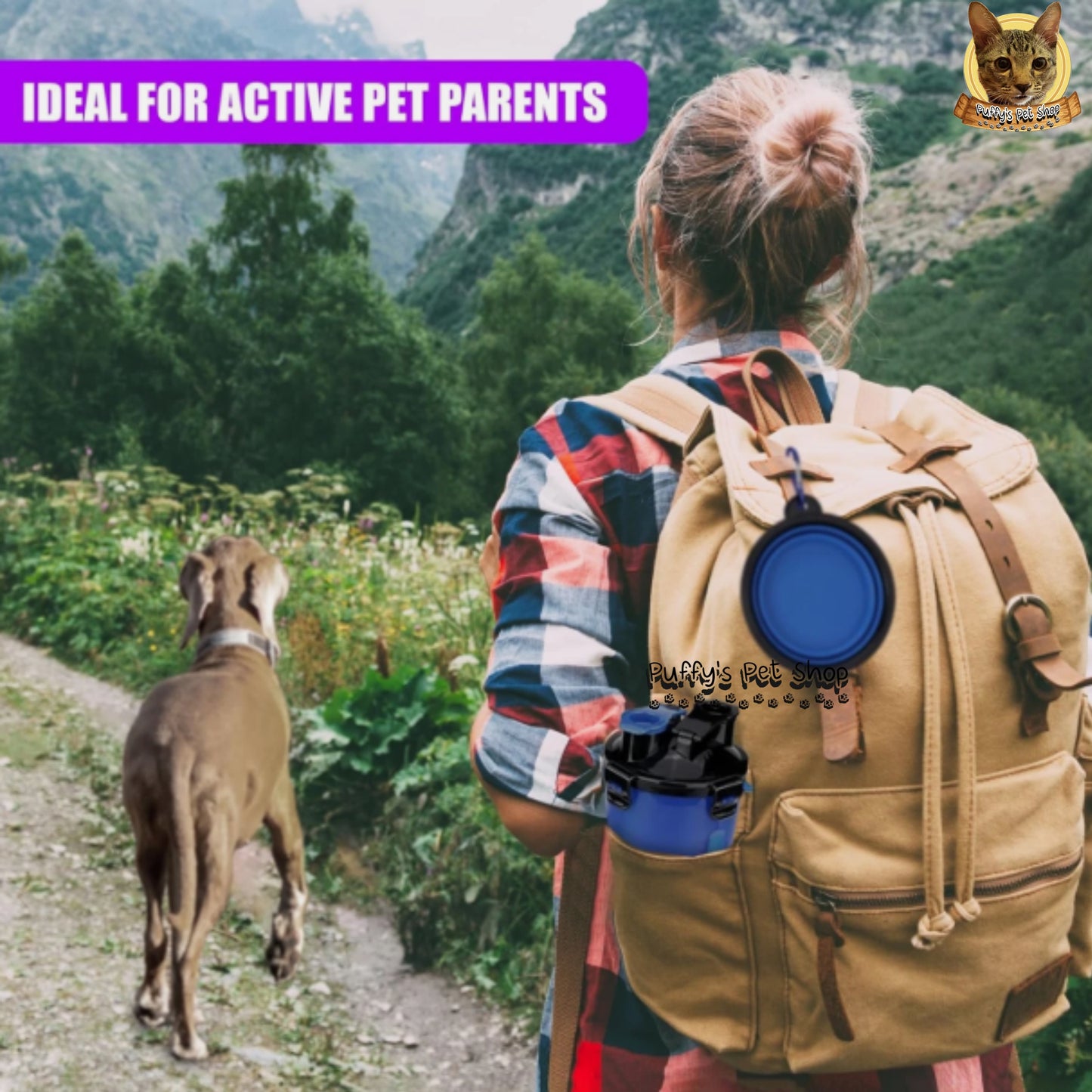 Puffy's Pet Shop | 2-in-1 Travel Bottle & Bowl for Pets เซ็ตขวดน้ำและอาหารสำหรับสัตว์เลี้ยง 2-in-1 พร้อมชามซิลิโคนพับได้ ความจุรวม 600 ml แบ่งเป็นช่องใส่น้ำ 350 ml และช่องใส่อาหาร 250 g