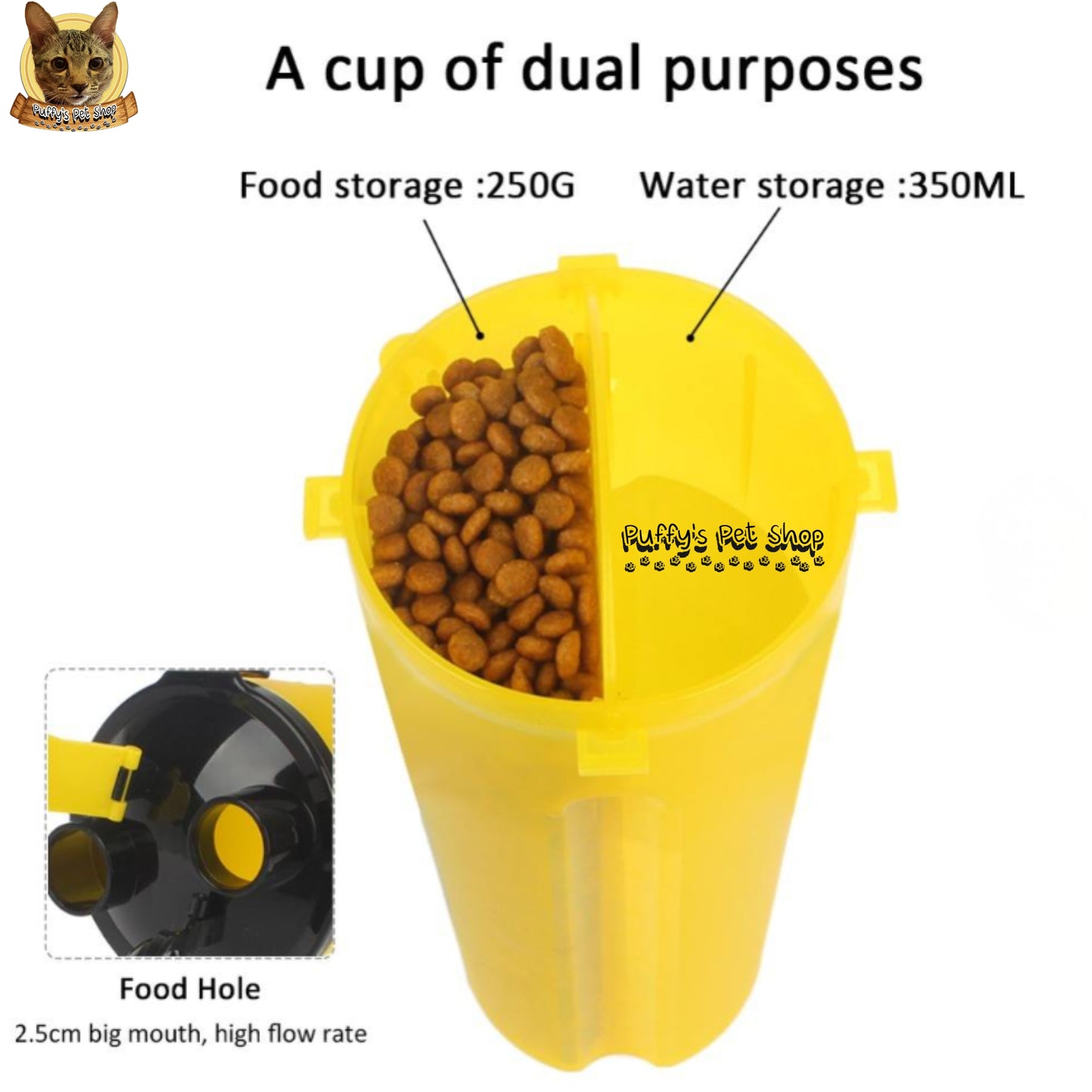 Puffy's Pet Shop | 2-in-1 Travel Bottle & Bowl for Pets เซ็ตขวดน้ำและอาหารสำหรับสัตว์เลี้ยง 2-in-1 พร้อมชามซิลิโคนพับได้ ความจุรวม 600 ml แบ่งเป็นช่องใส่น้ำ 350 ml และช่องใส่อาหาร 250 g