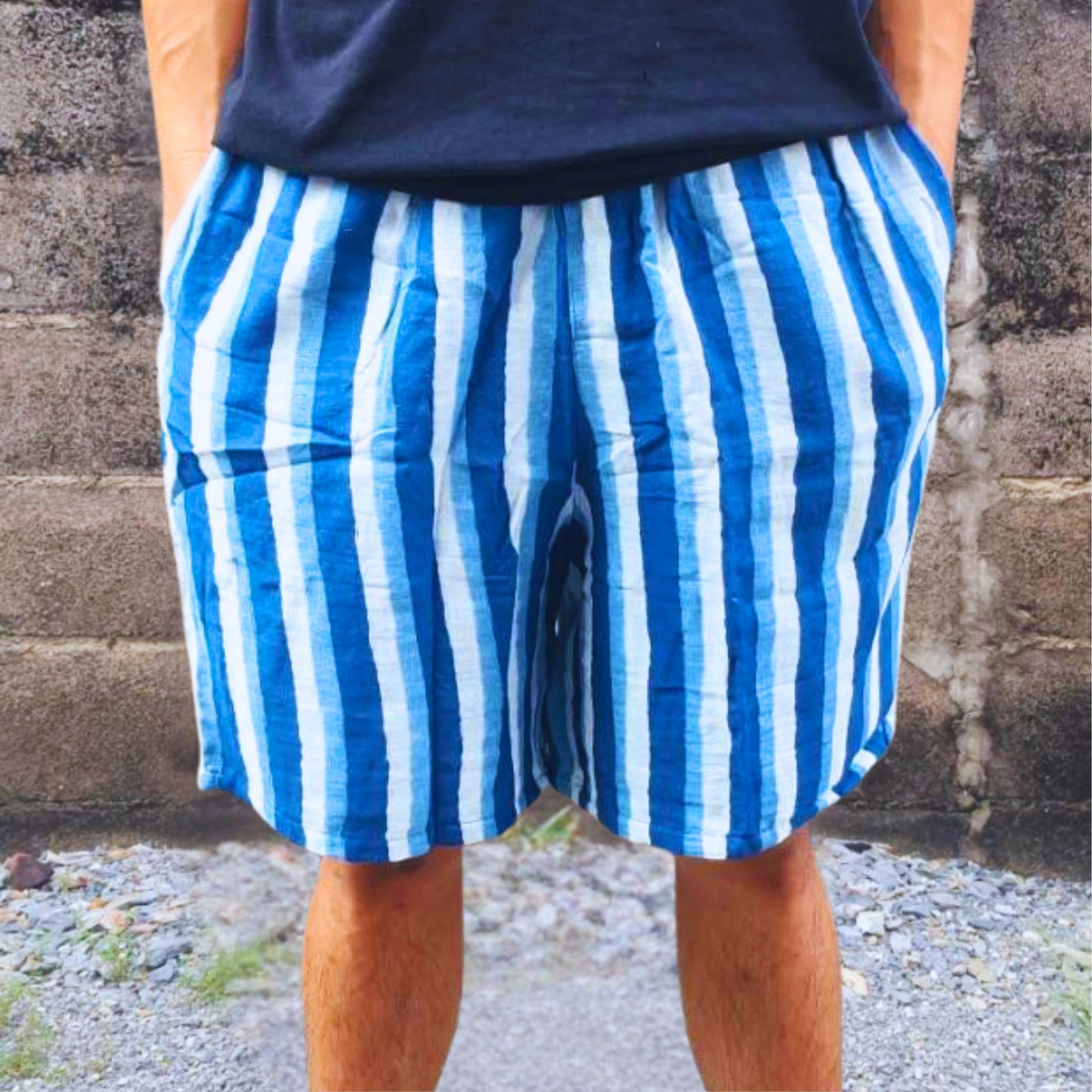RAK MAE รักแม่ | COMFY COTTON CLASSIC SHORTS - INDIGO-WHITE STRAIGHT STRIPE LINE (REGULAR SIZE)