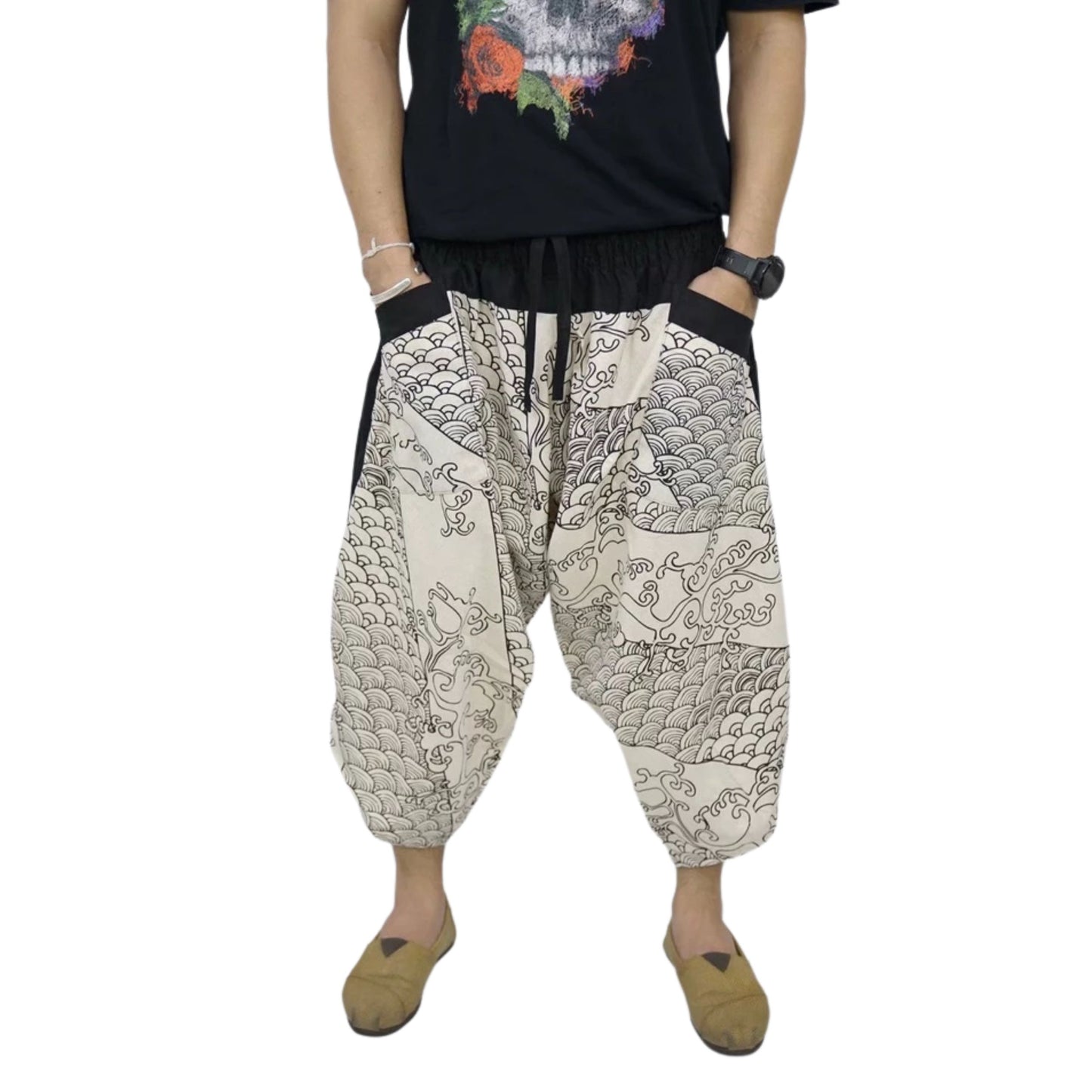 RAK MAE รักแม่ | COMFY CHIANG MAI COTTON JOGGER SHORTS PANTS (SAMURAI FINISH) - WHITE OCEAN (REGULAR SIZE)
