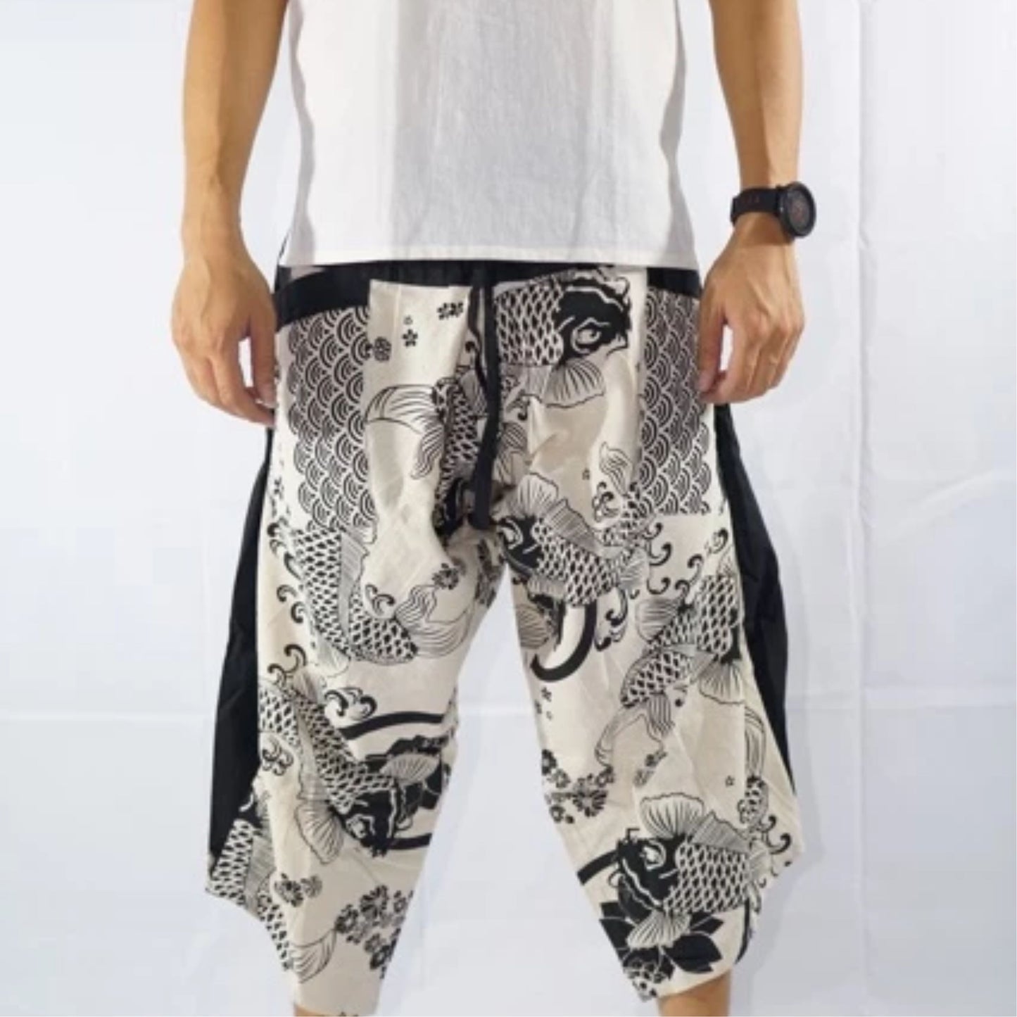 RAK MAE รักแม่ | COMFY CHIANG MAI COTTON JOGGER SHORTS PANTS (SAMURAI FINISH) - WHITE KOI & SAKURA (REGULAR SIZE)