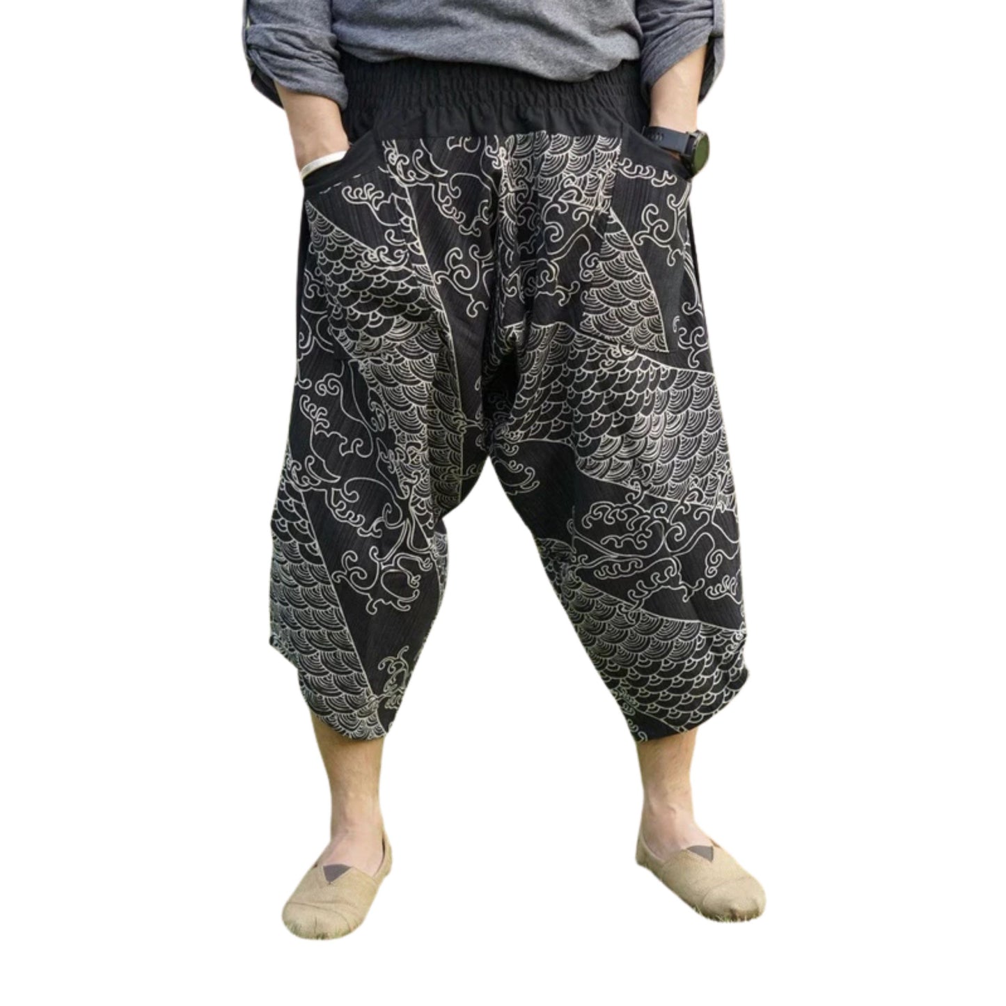 RAK MAE รักแม่ | COMFY CHIANG MAI COTTON JOGGER SHORTS PANTS (SAMURAI FINISH) - BLACK OCEAN (REGULAR SIZE)