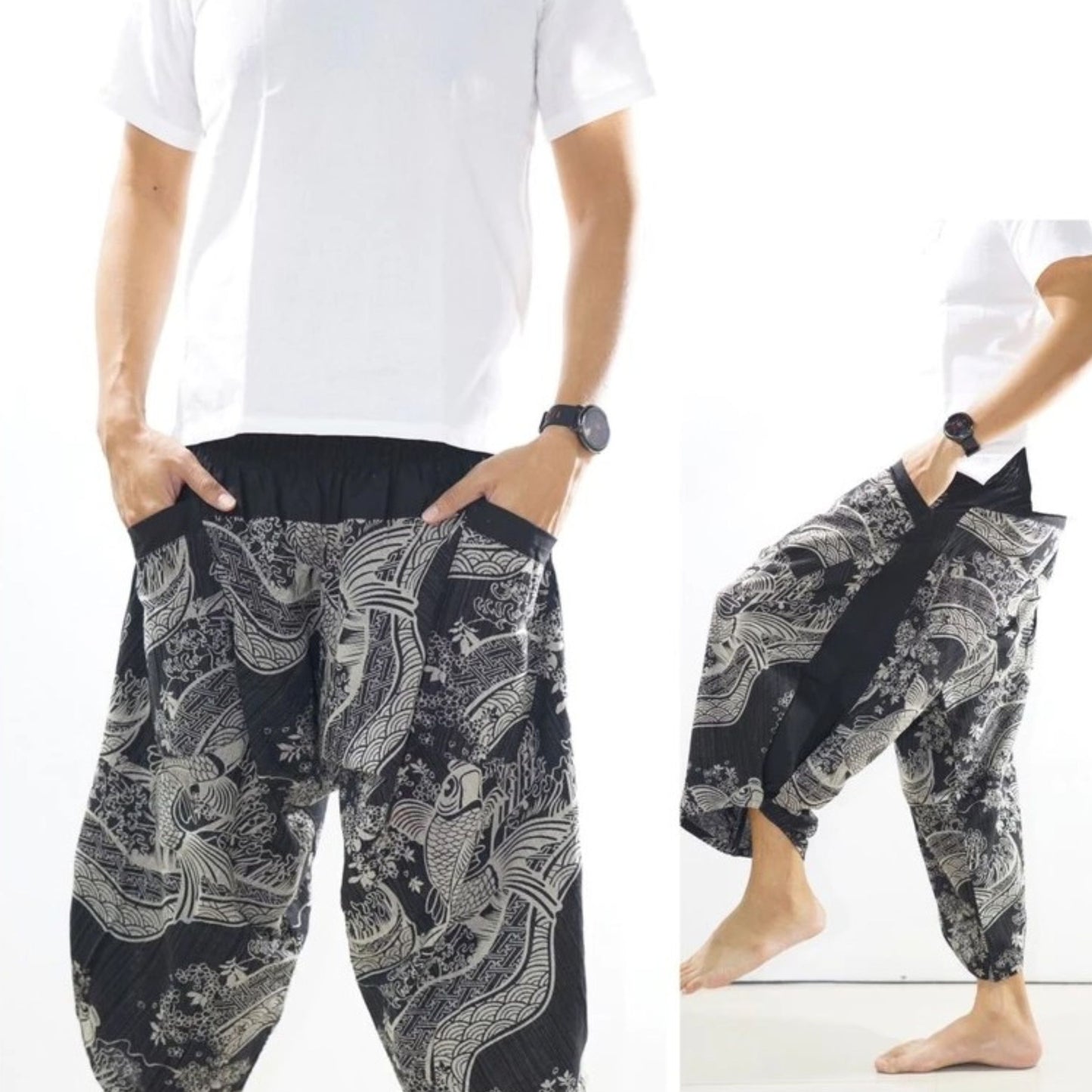 RAK MAE รักแม่ | COMFY CHIANG MAI COTTON JOGGER SHORTS PANTS (SAMURAI FINISH) - BLACK KOI & SAKURA (REGULAR SIZE)