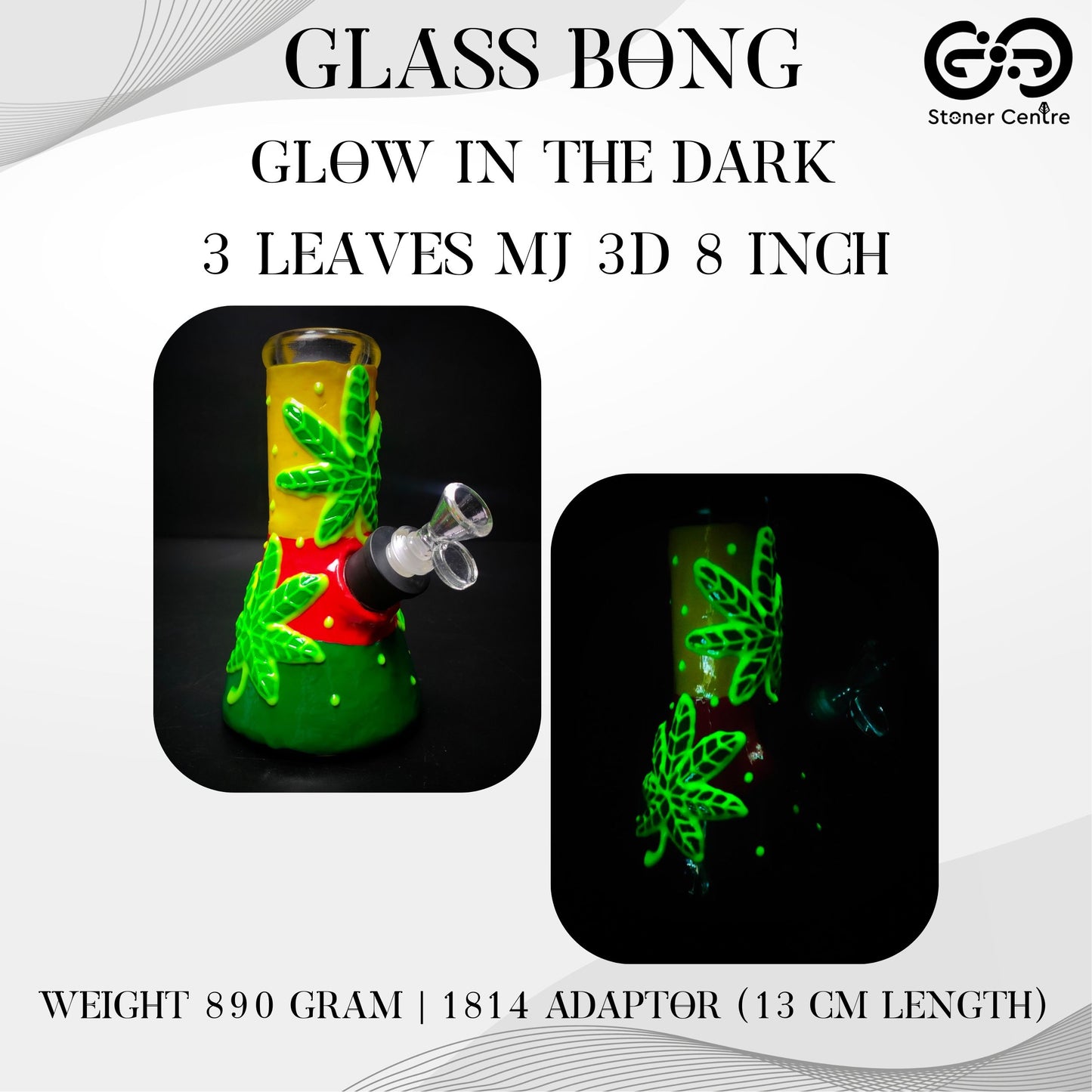 GLASS BONG | GLOW IN THE DARK 3 LEAVES MJ 3D 8 INCH