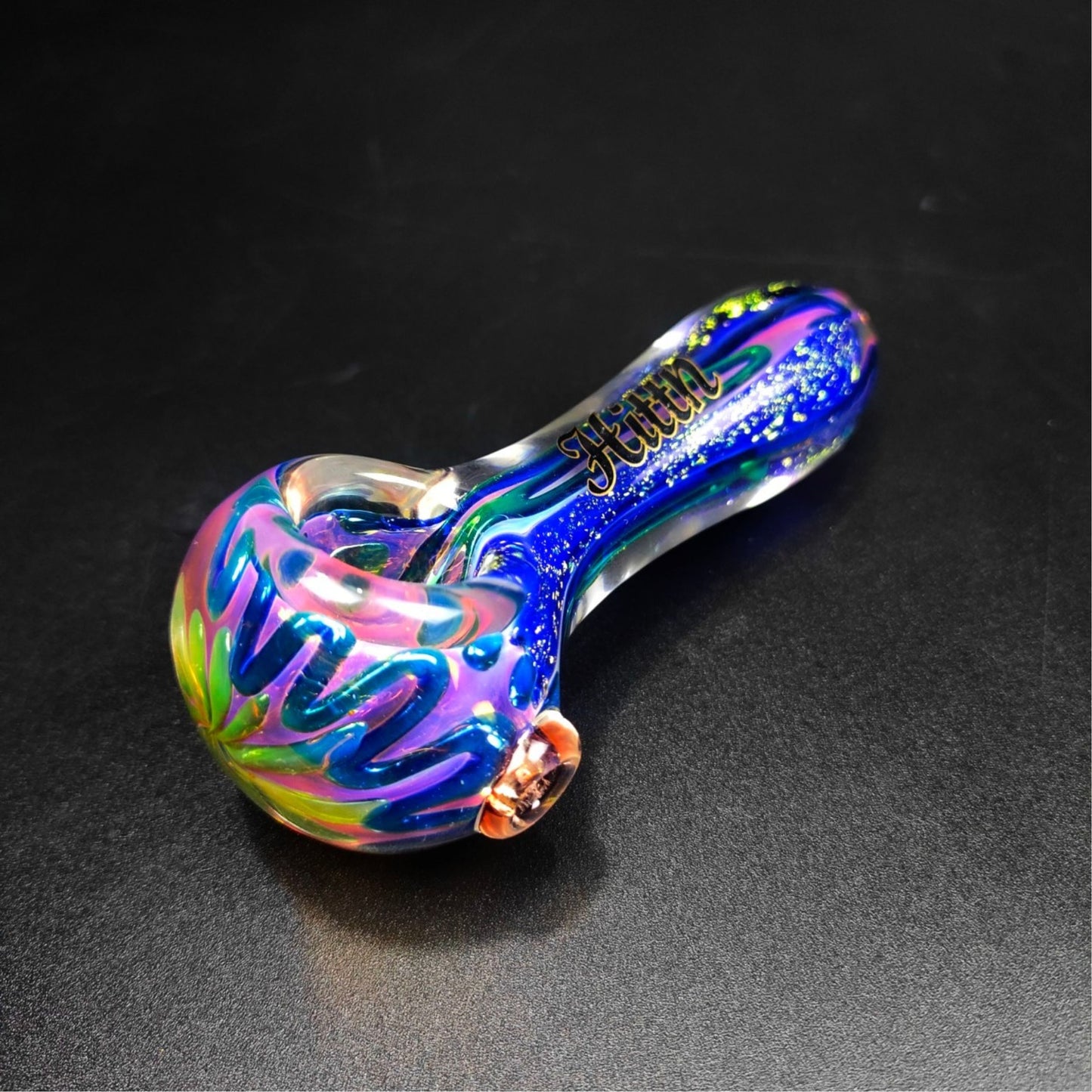 PIPE | HITTN BLUE ALIEN DICHROIC GLASS SPOON PIPE 4 INCH