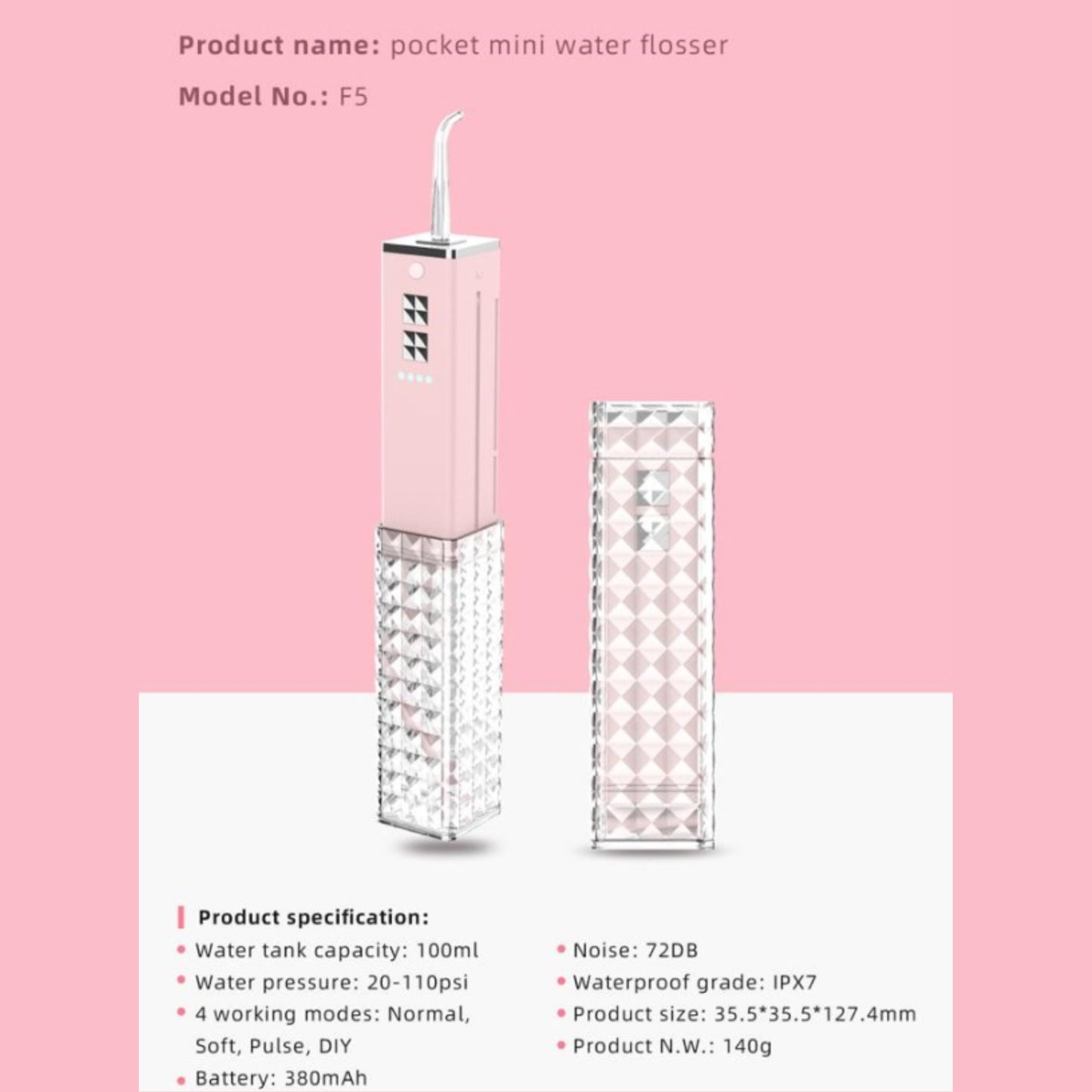 WATER FLOSSER | PORTABLE ORAL IRRIGATOR WITH PISTON PUMP PINK