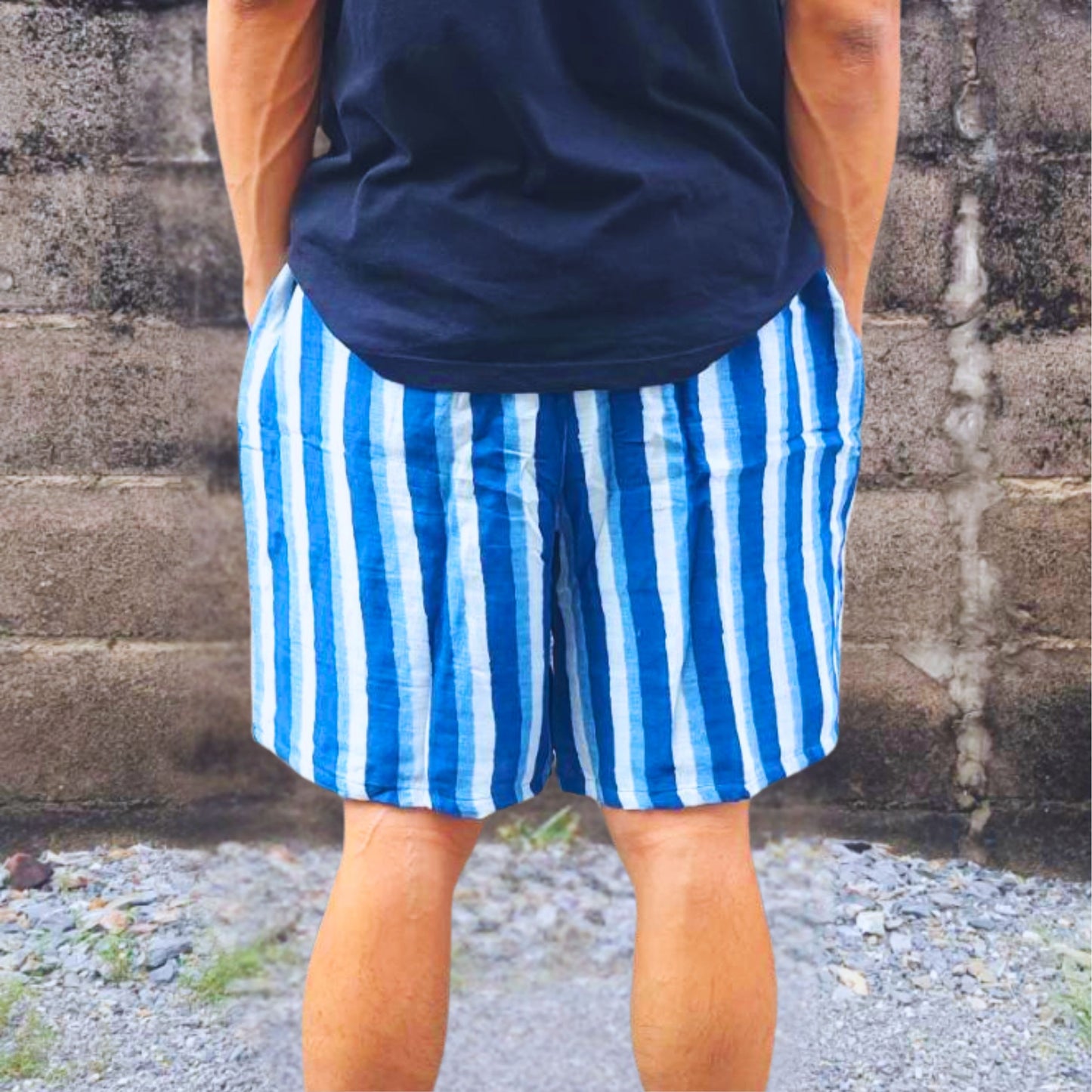 RAK MAE รักแม่ | COMFY COTTON CLASSIC SHORTS - INDIGO-WHITE STRAIGHT STRIPE LINE (REGULAR SIZE)