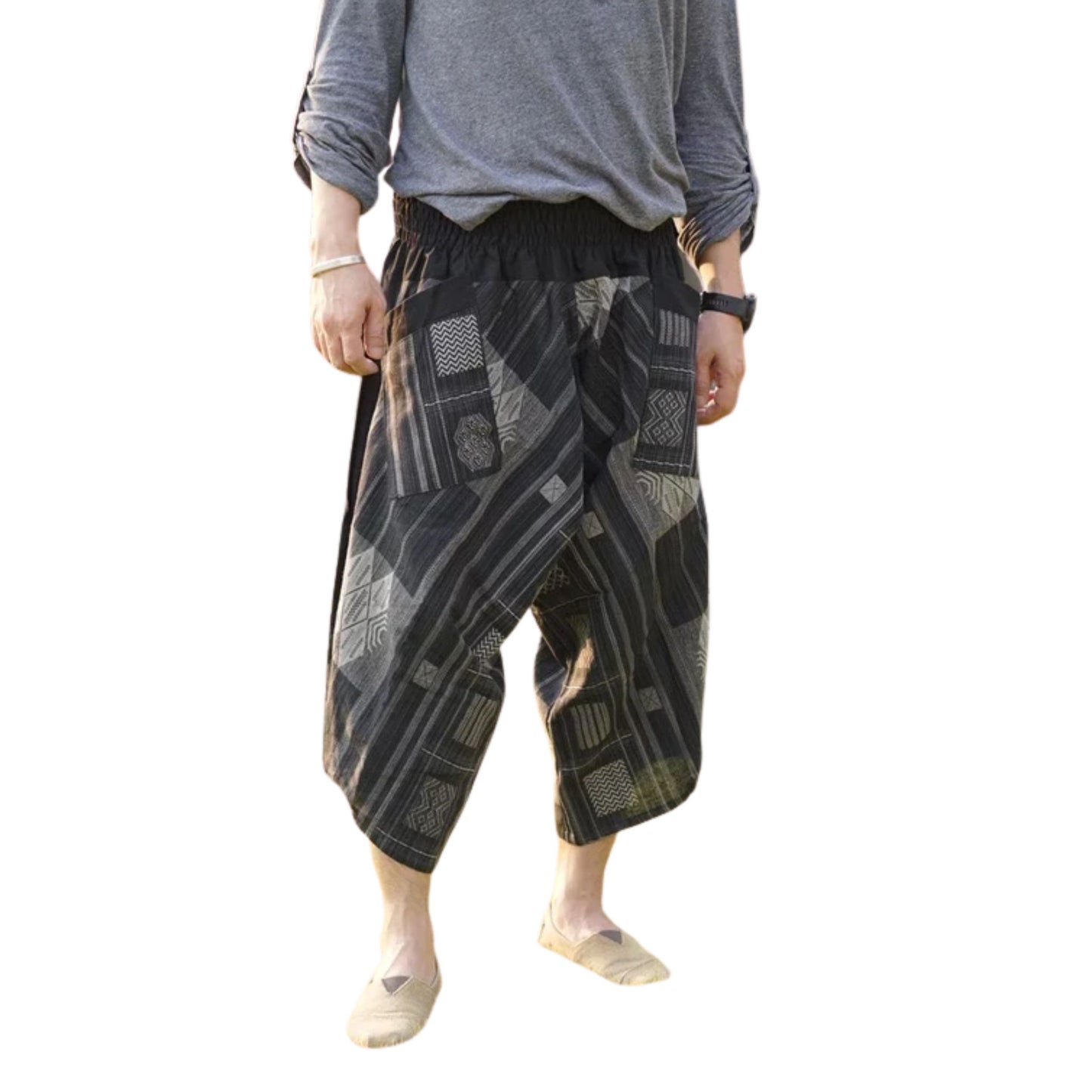 RAK MAE รักแม่ | COMFY CHIANG MAI COTTON JOGGER SHORTS PANTS (SAMURAI FINISH) - BLACK RECTANGLE WAGARA (REGULAR SIZE)