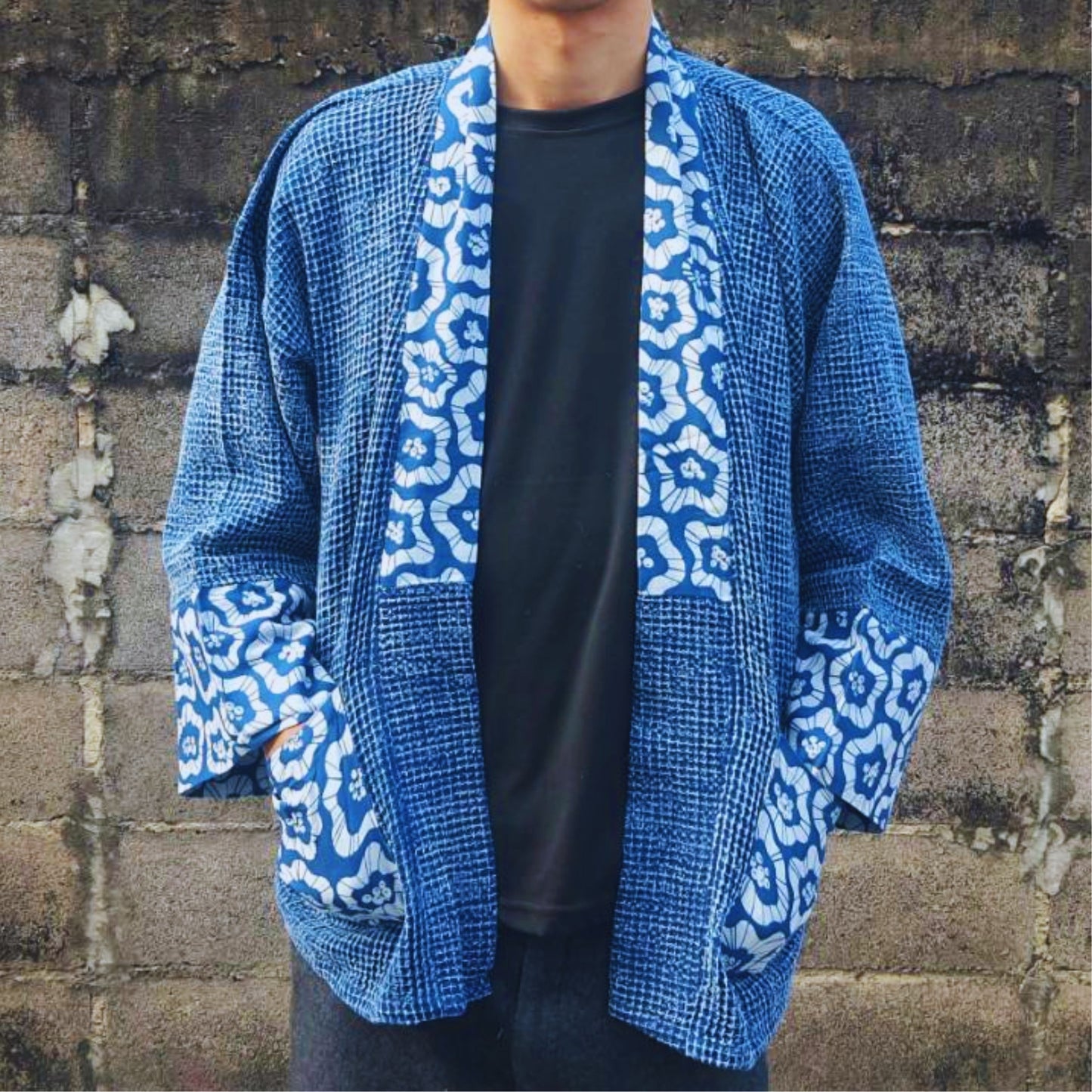 RAK MAE รักแม่ | COMFY SLIM - FIT KIMONO HONEYCOMB PATTERN COTTON ROBE - BLUE COTTON STRIPE (FREESIZE)
