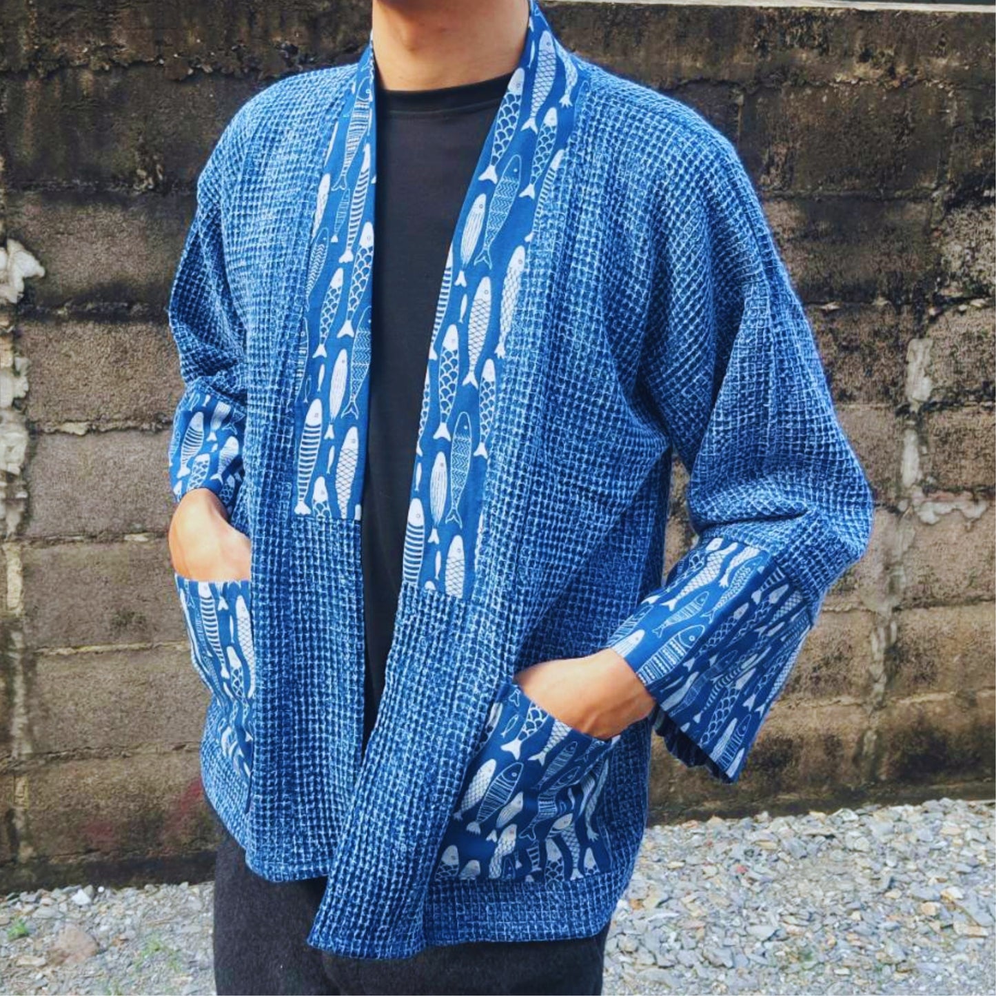 RAK MAE รักแม่ | COMFY SLIM - FIT KIMONO HONEYCOMB PATTERN COTTON ROBE - BLUE FISH STRIPE (FREESIZE)