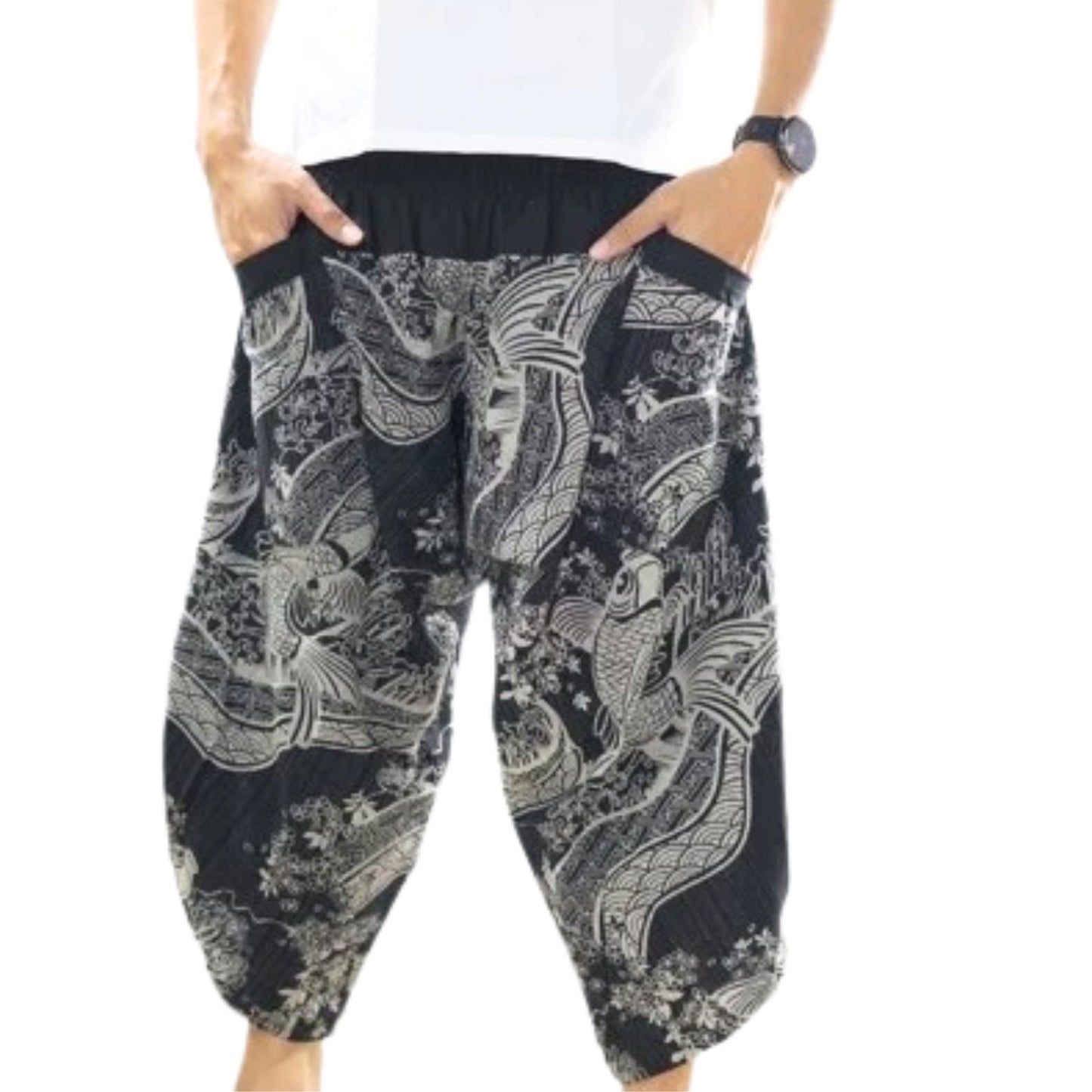 RAK MAE รักแม่ | COMFY CHIANG MAI COTTON JOGGER SHORTS PANTS (SAMURAI FINISH) - BLACK KOI & SAKURA (REGULAR SIZE)